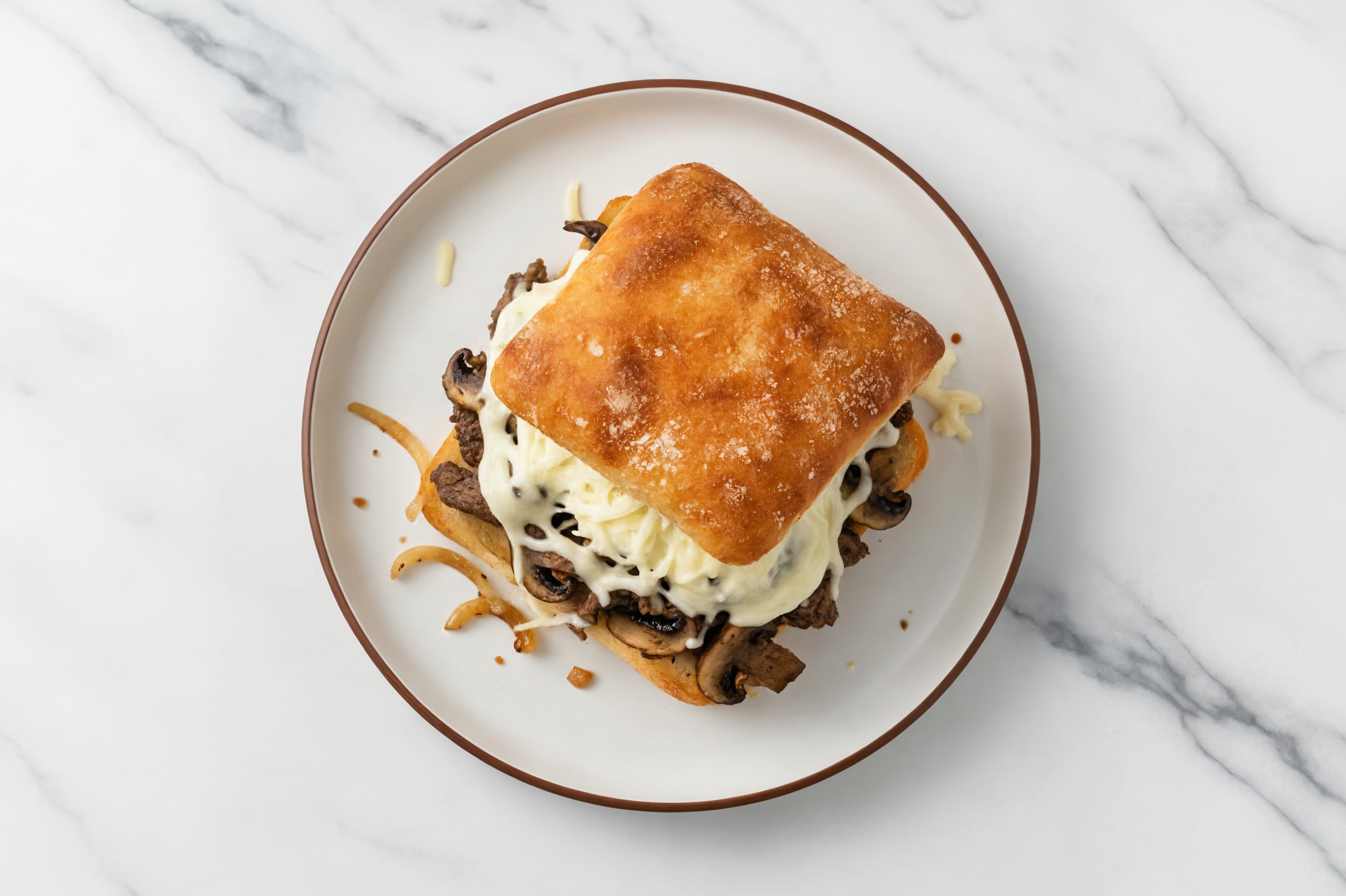 Toasty Beef + Caramelized Onion Sandwich with Shredded Mozzarella Cheese