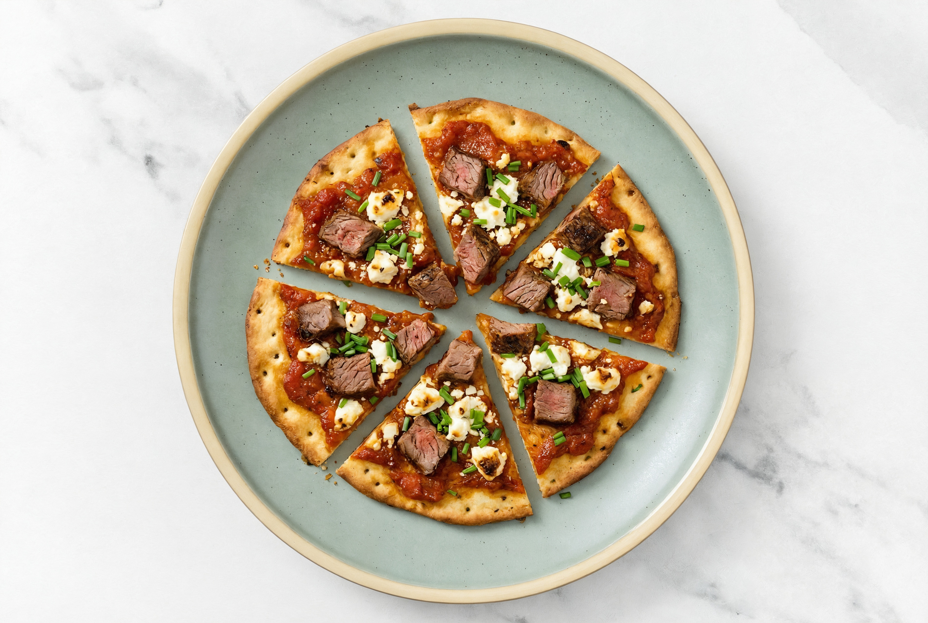 Red Sauce Flank Pizza with Sheep Cheese + Fresh Chives