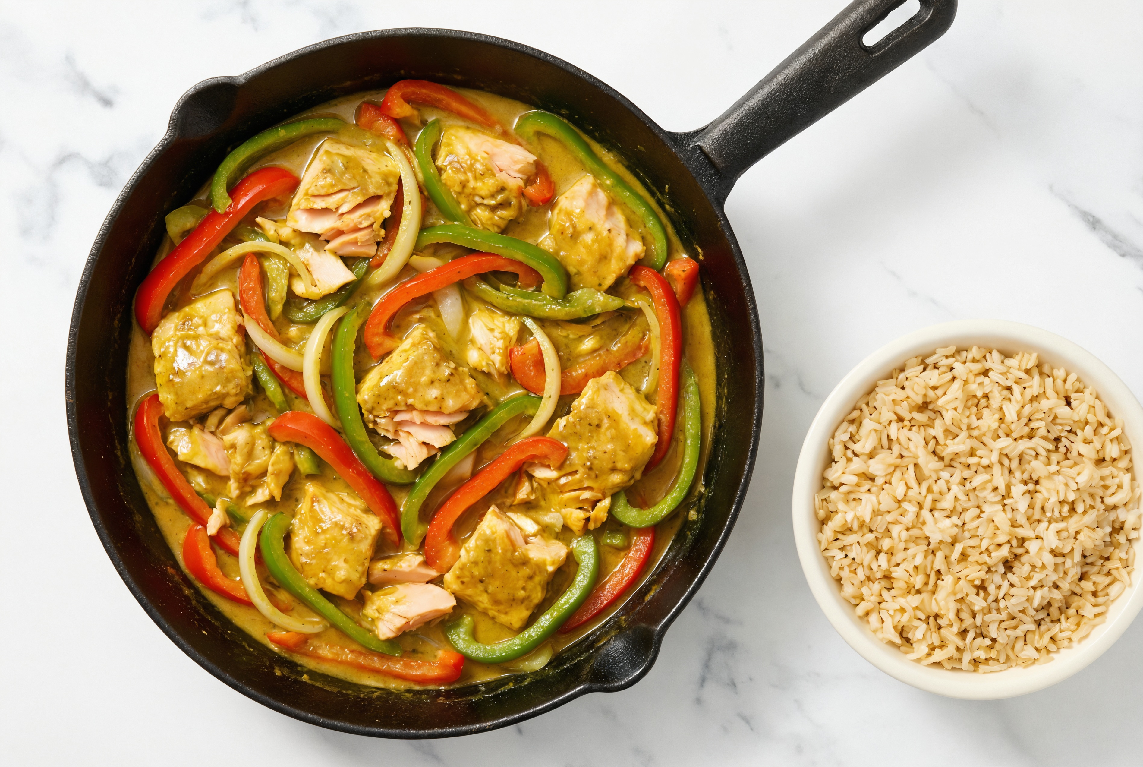 Coconut Curry Salmon Stir-Fry with Bell Peppers over Brown Rice