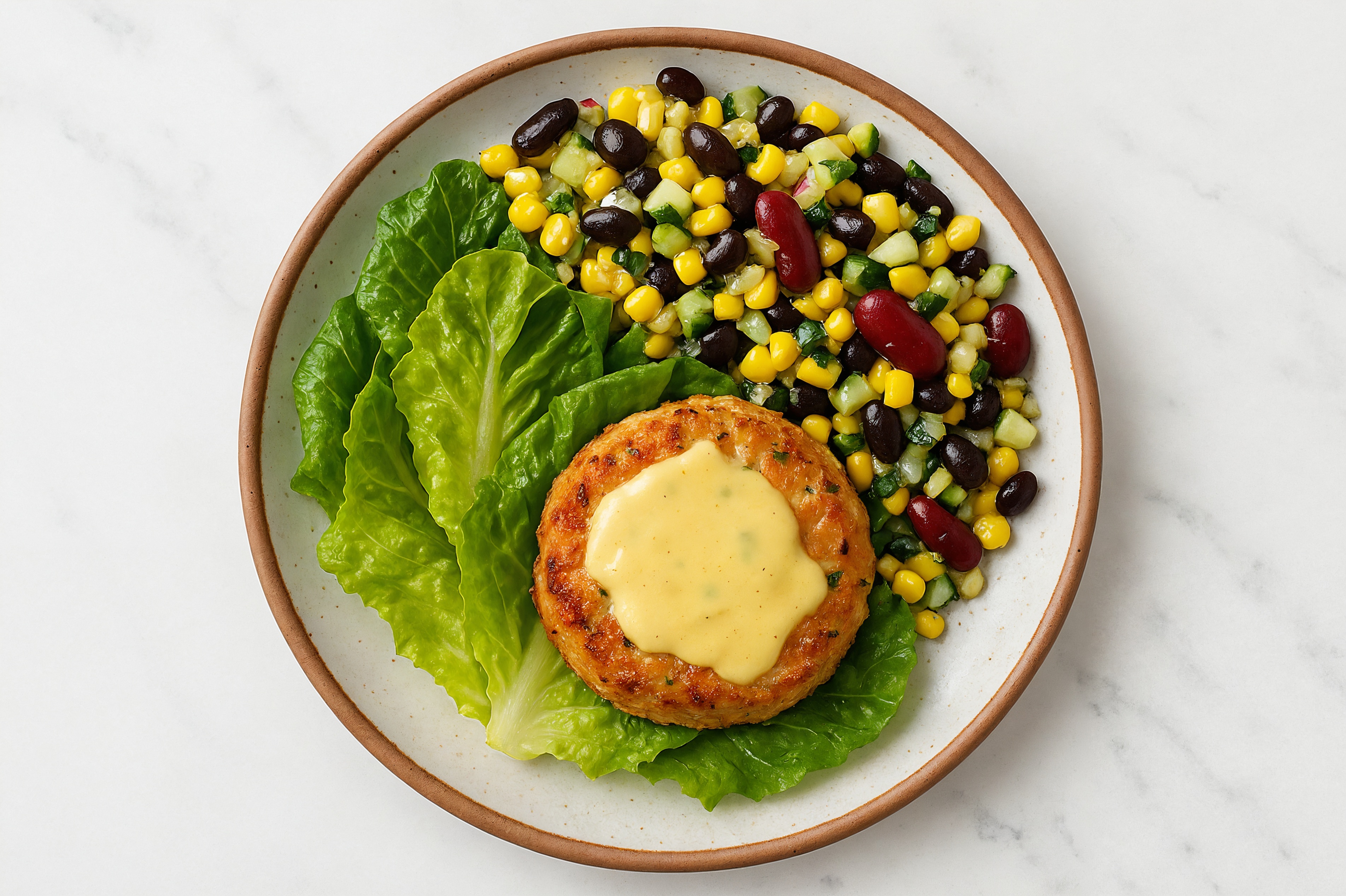 Snow Crab Cakes Cake on Romaine + Bean Salad