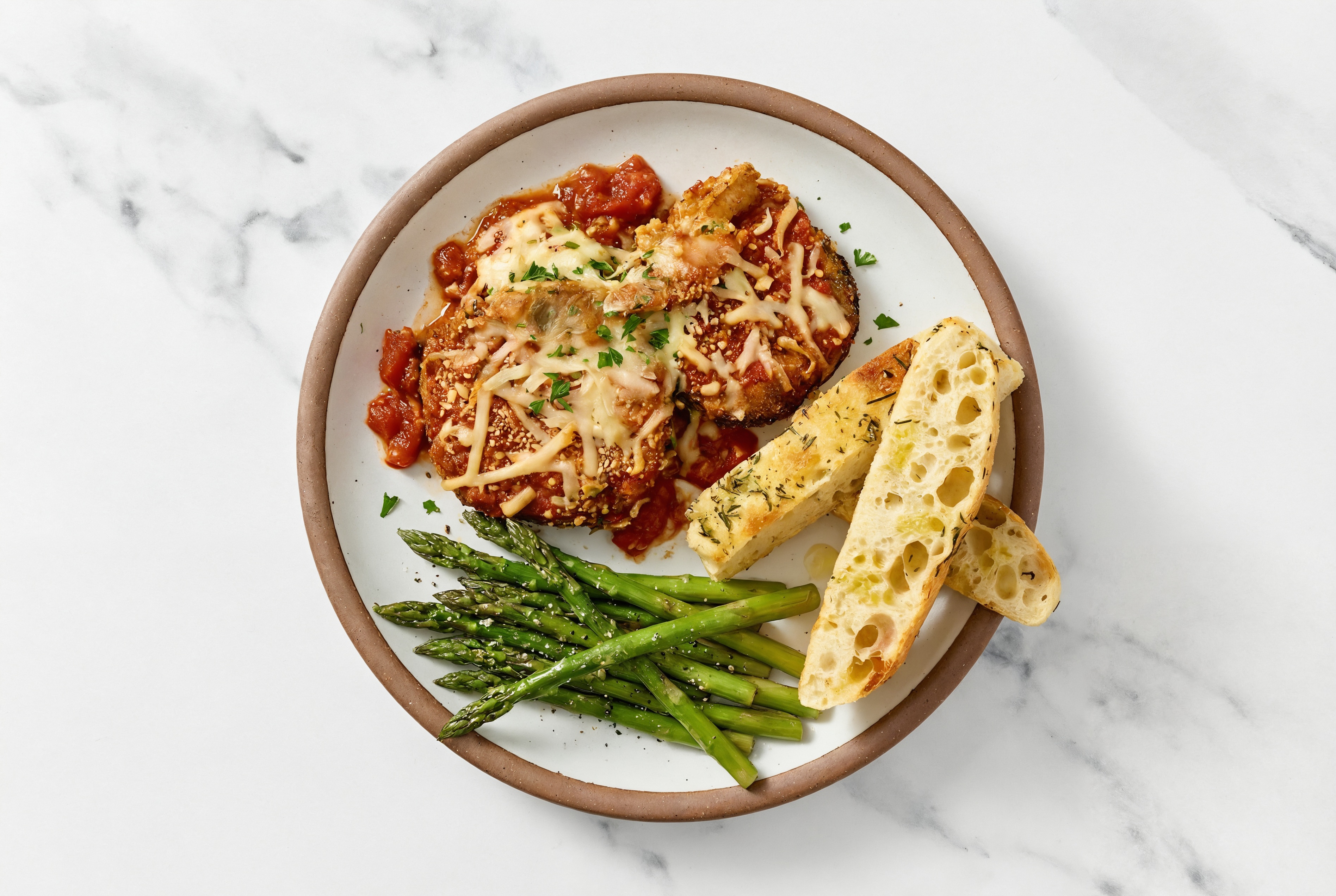 Eggplant Parmesan with Asparagus + Focaccia