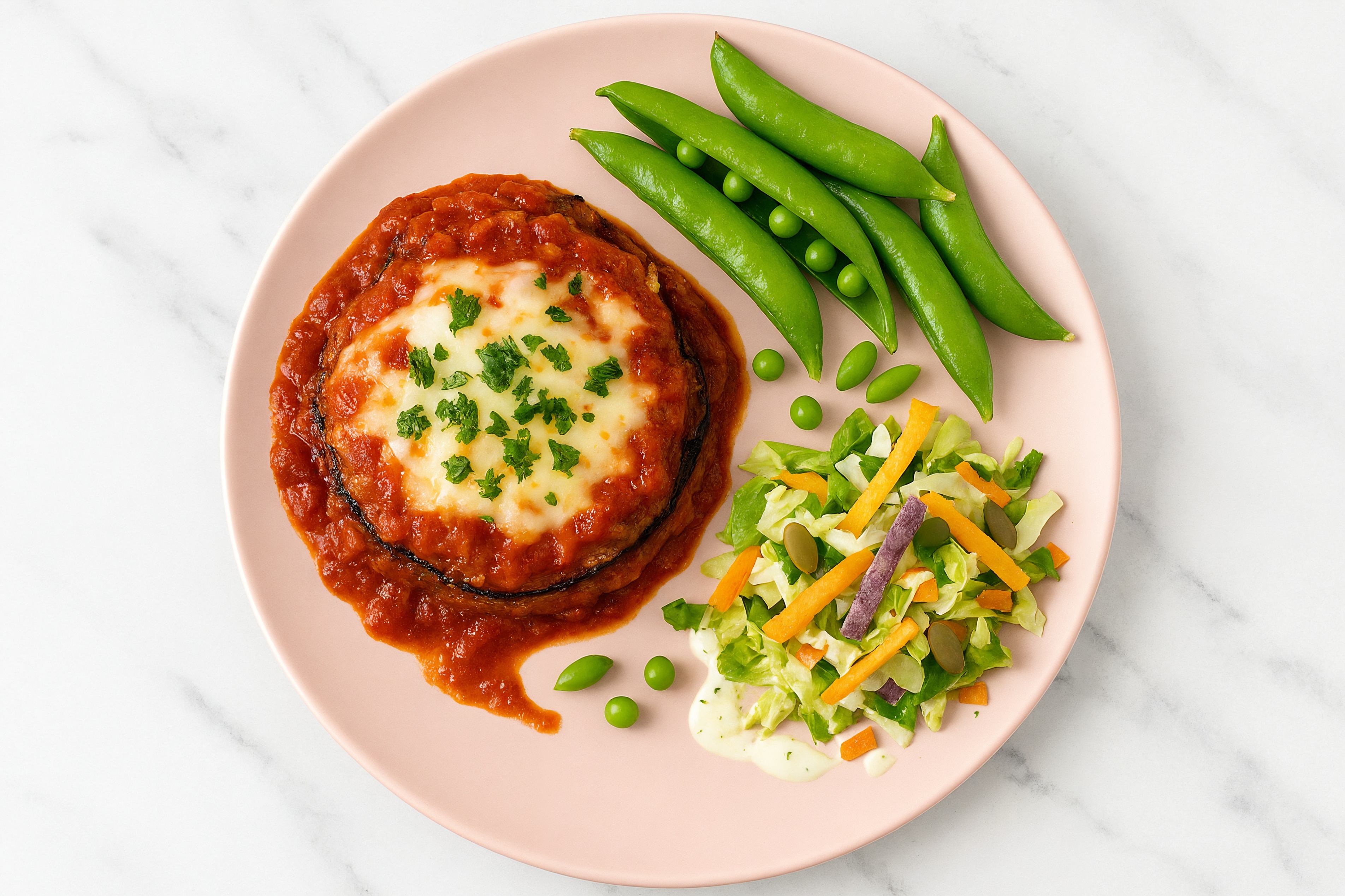 Eggplant Parmesan with Snap Peas + Southwest Salad
