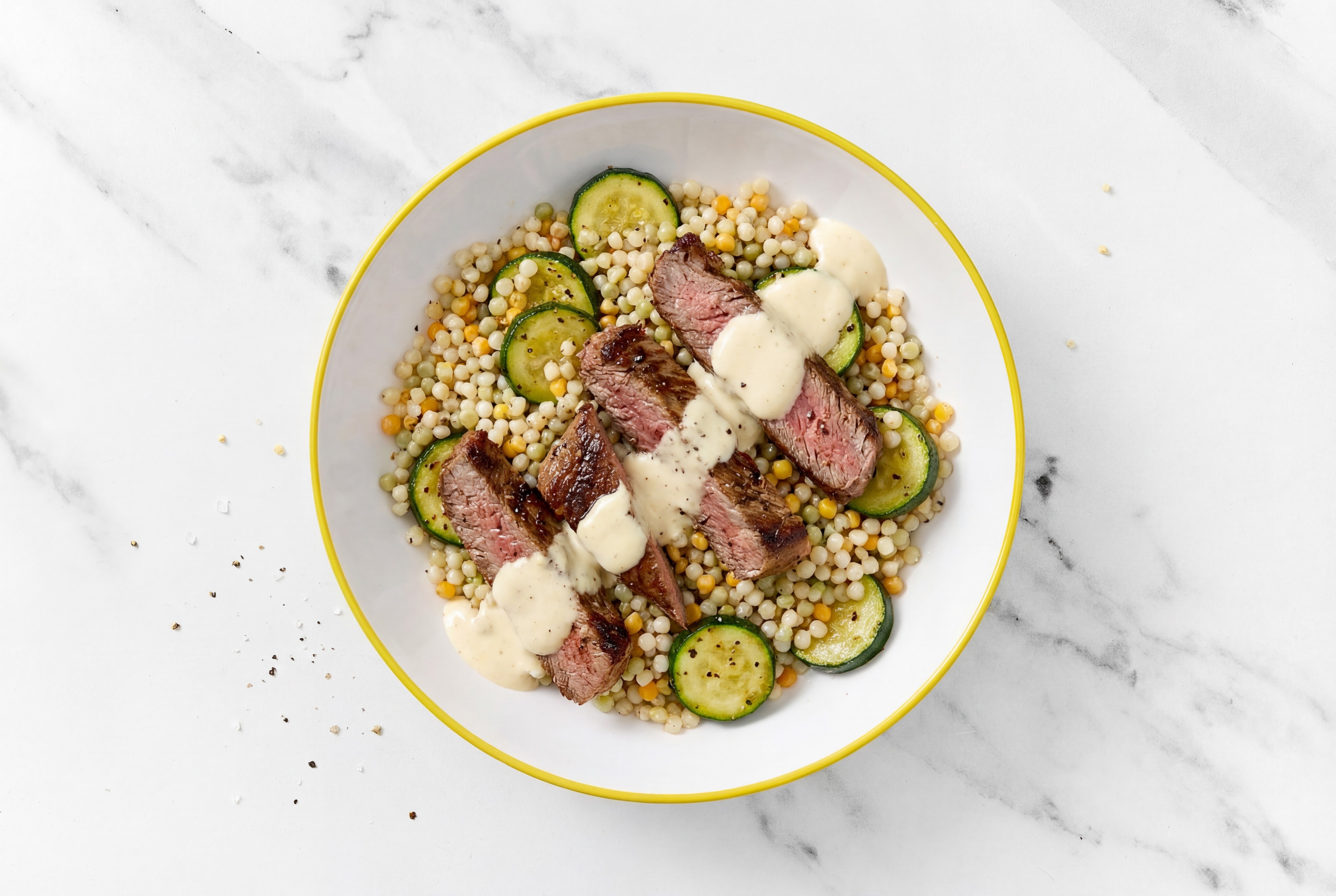 Herby Horseradish Beef Sirloin Steak + Zucchini Couscous