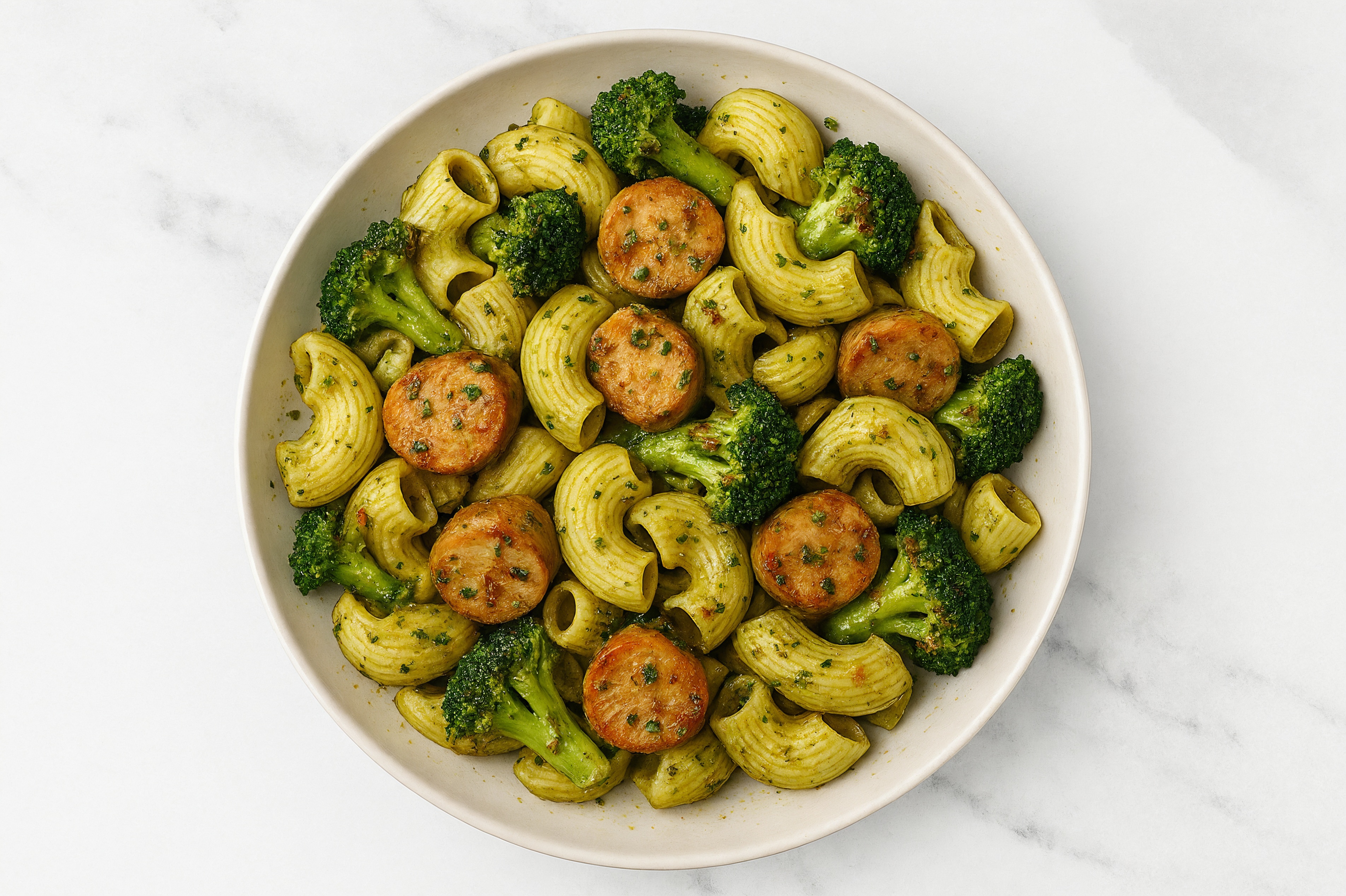Bountiful Sausage Pesto Pasta with Broccoli Florets