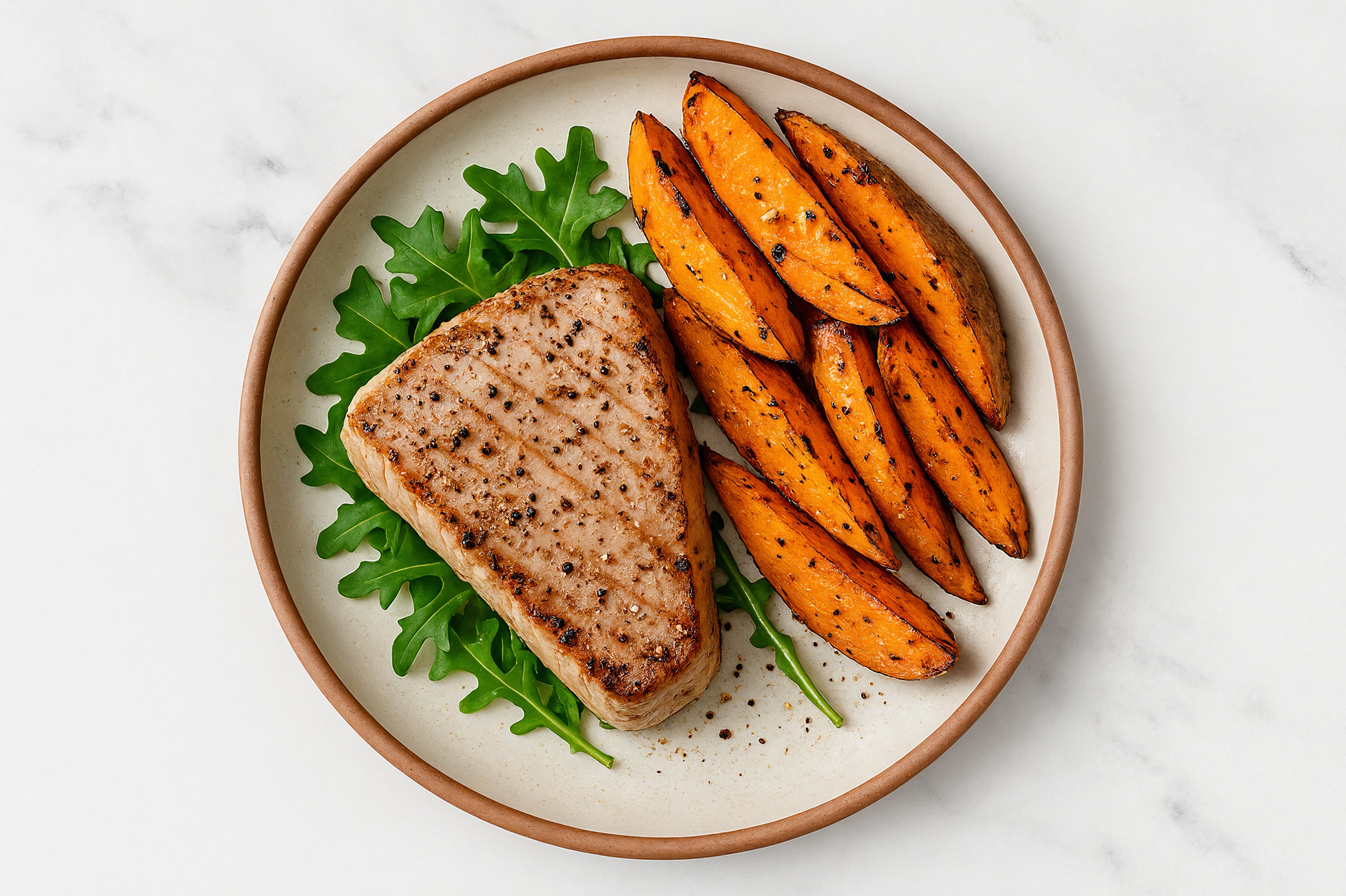 Tuna Steak with Crispy Sweet Potatoes + Side Salad