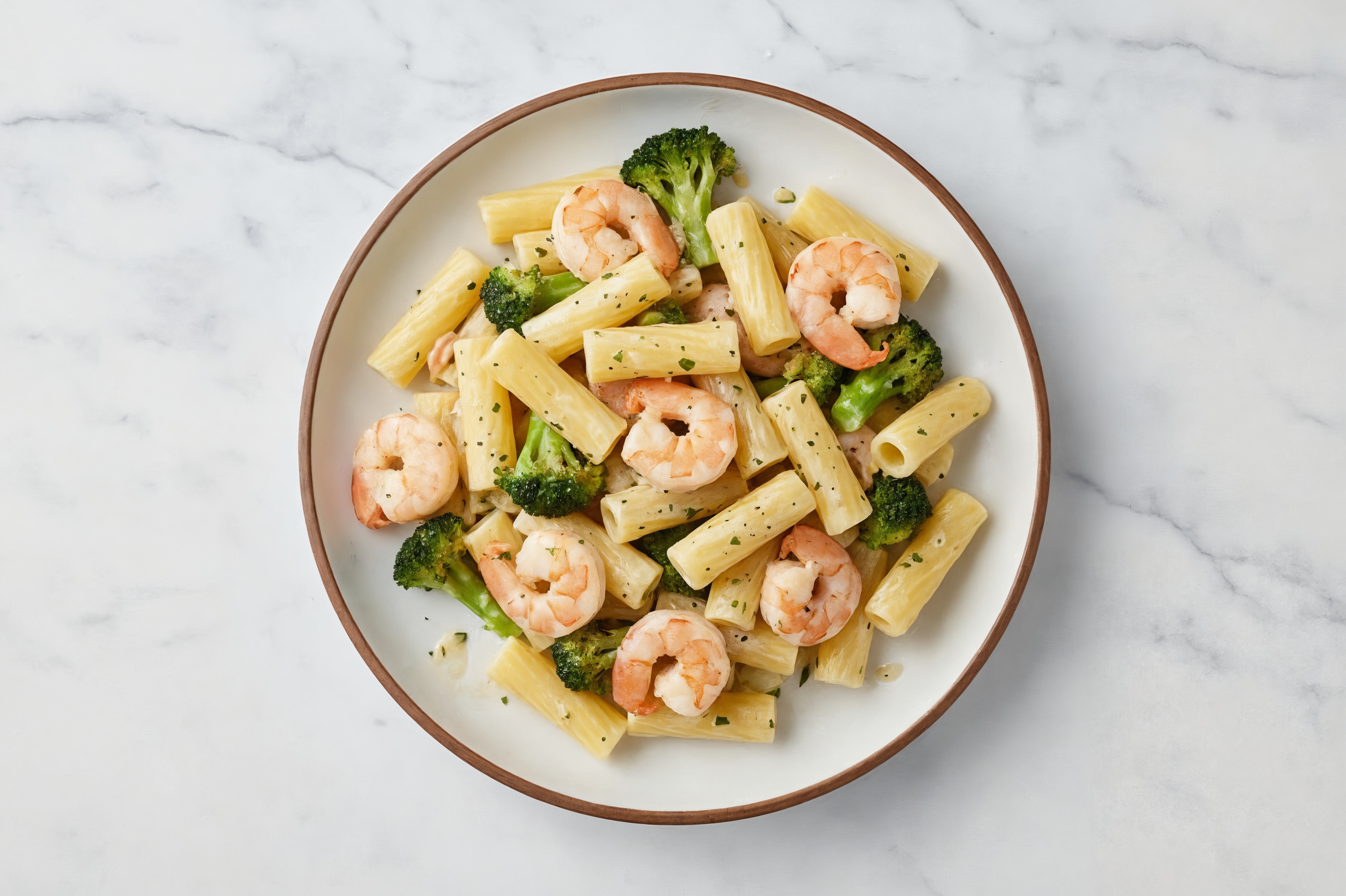 Creamy Garlic Jumbo Shrimp + Broccoli Rigatoni Pasta