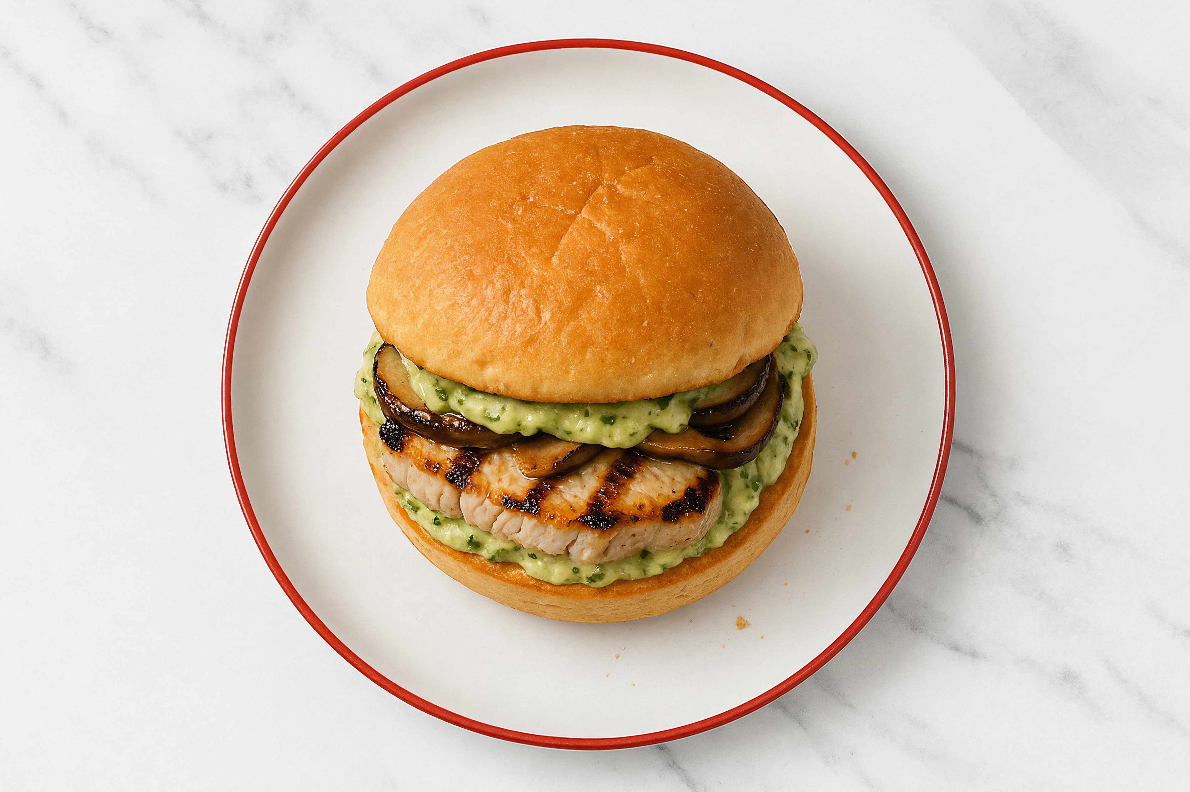 Creamy Artichoke Grilled Pork Sandwich with Portabellas on Gluten-Free Buns
