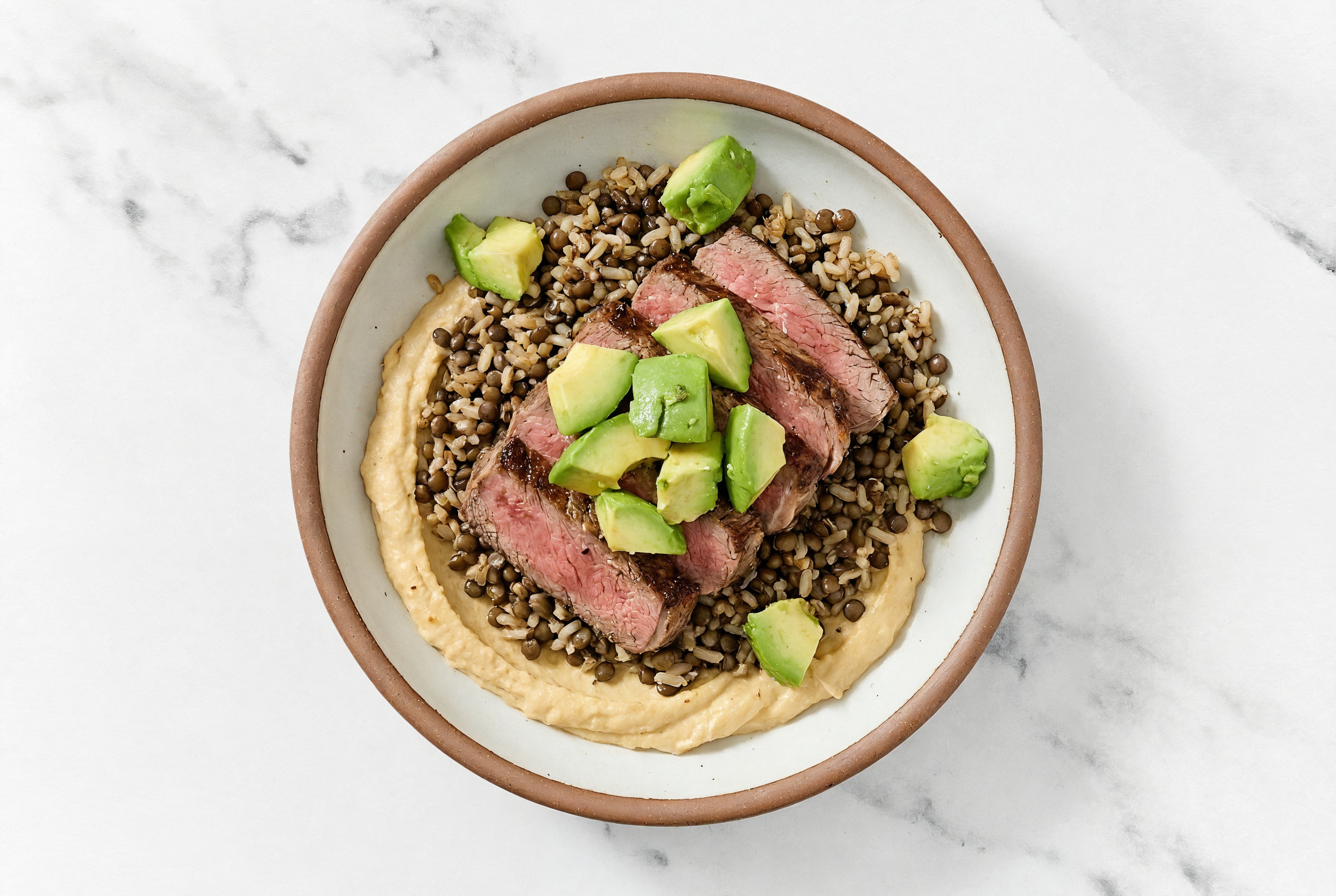 Ribeye & Avocado Grain Bowl with Onion Hummus