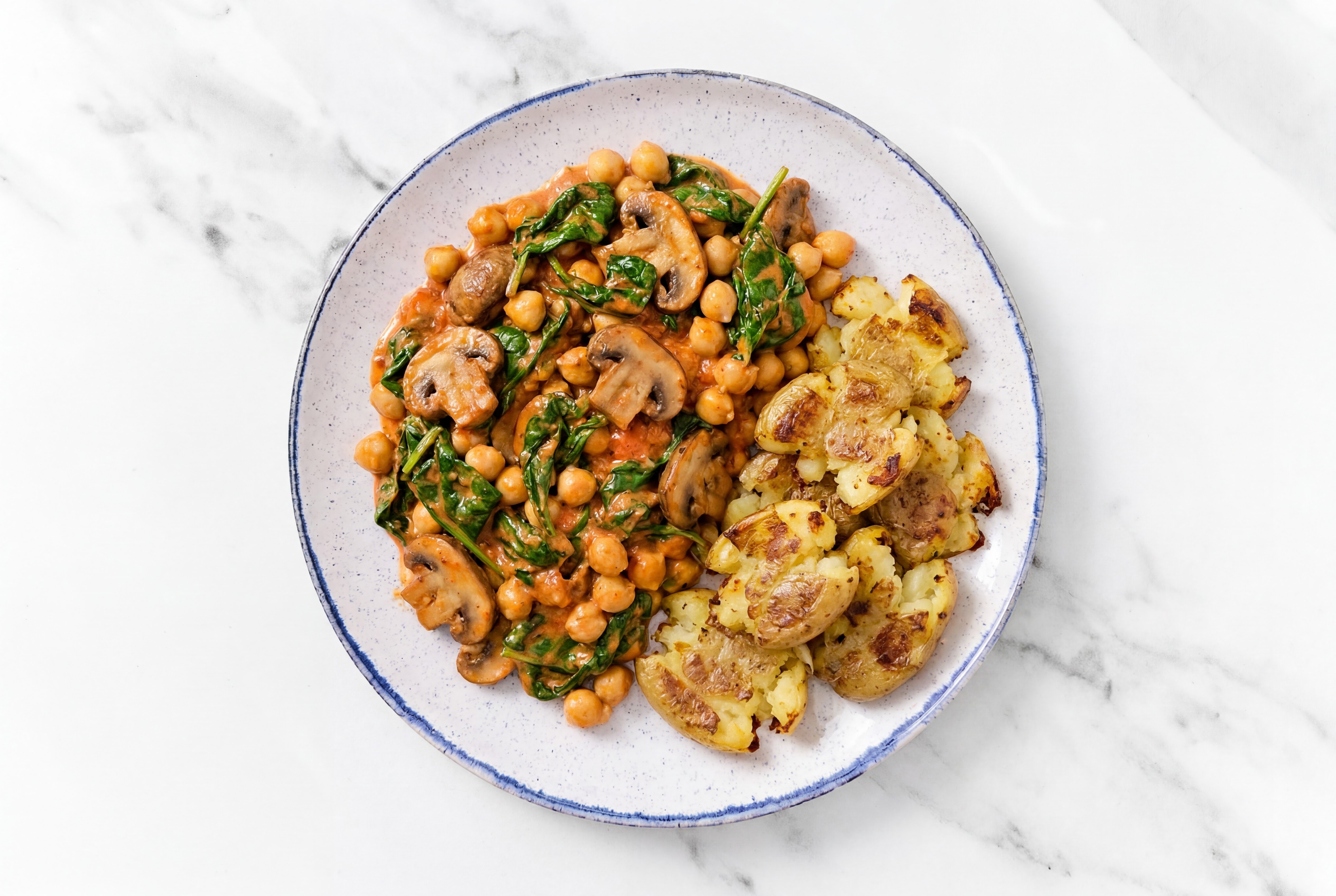 Vegan Rosa Sauce with Spinach + Roasted Smashed Crispy Fingerlings