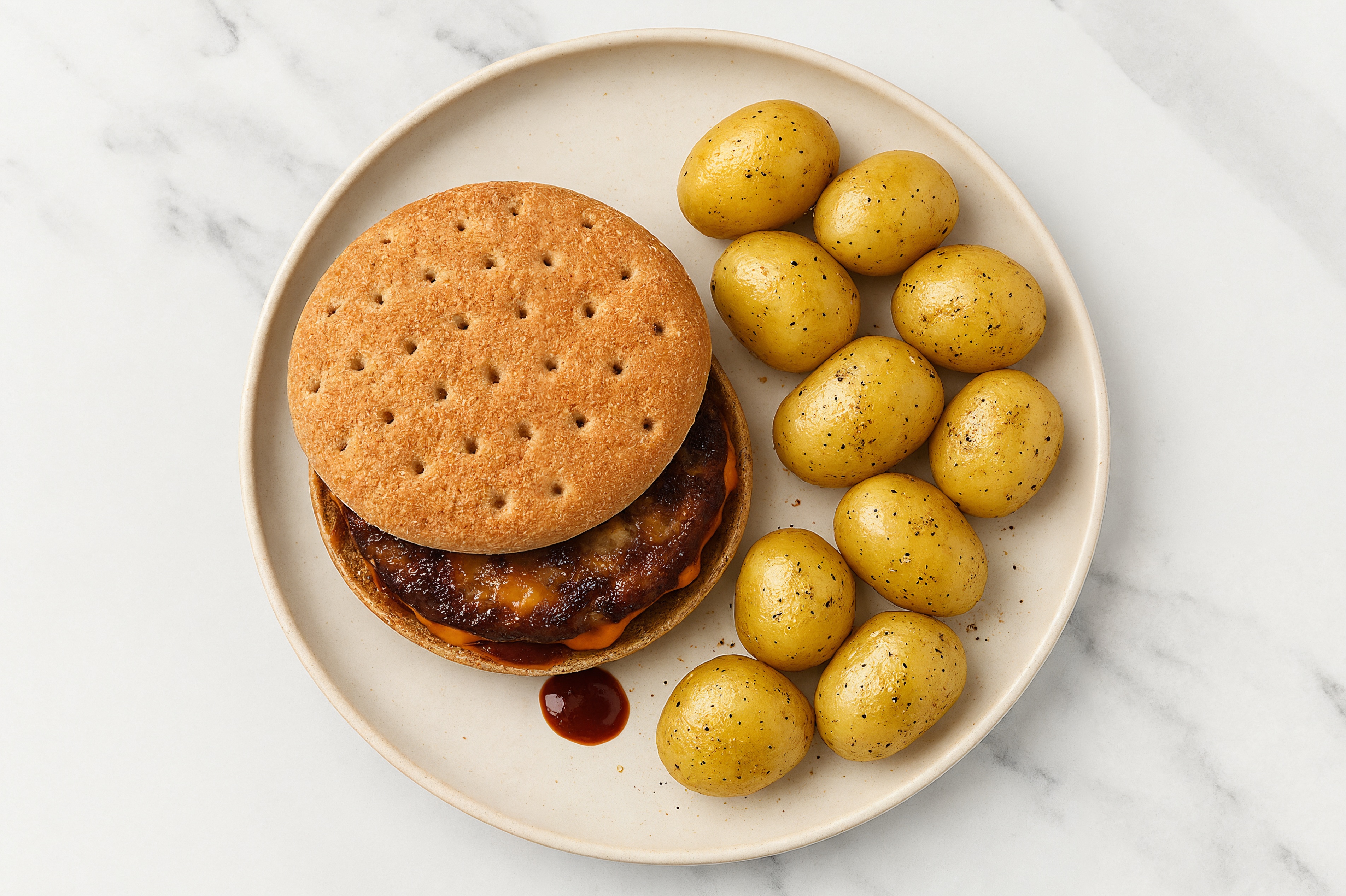 Rustic BBQ Bacon + Cheddar Burger with Yellow Potatoes