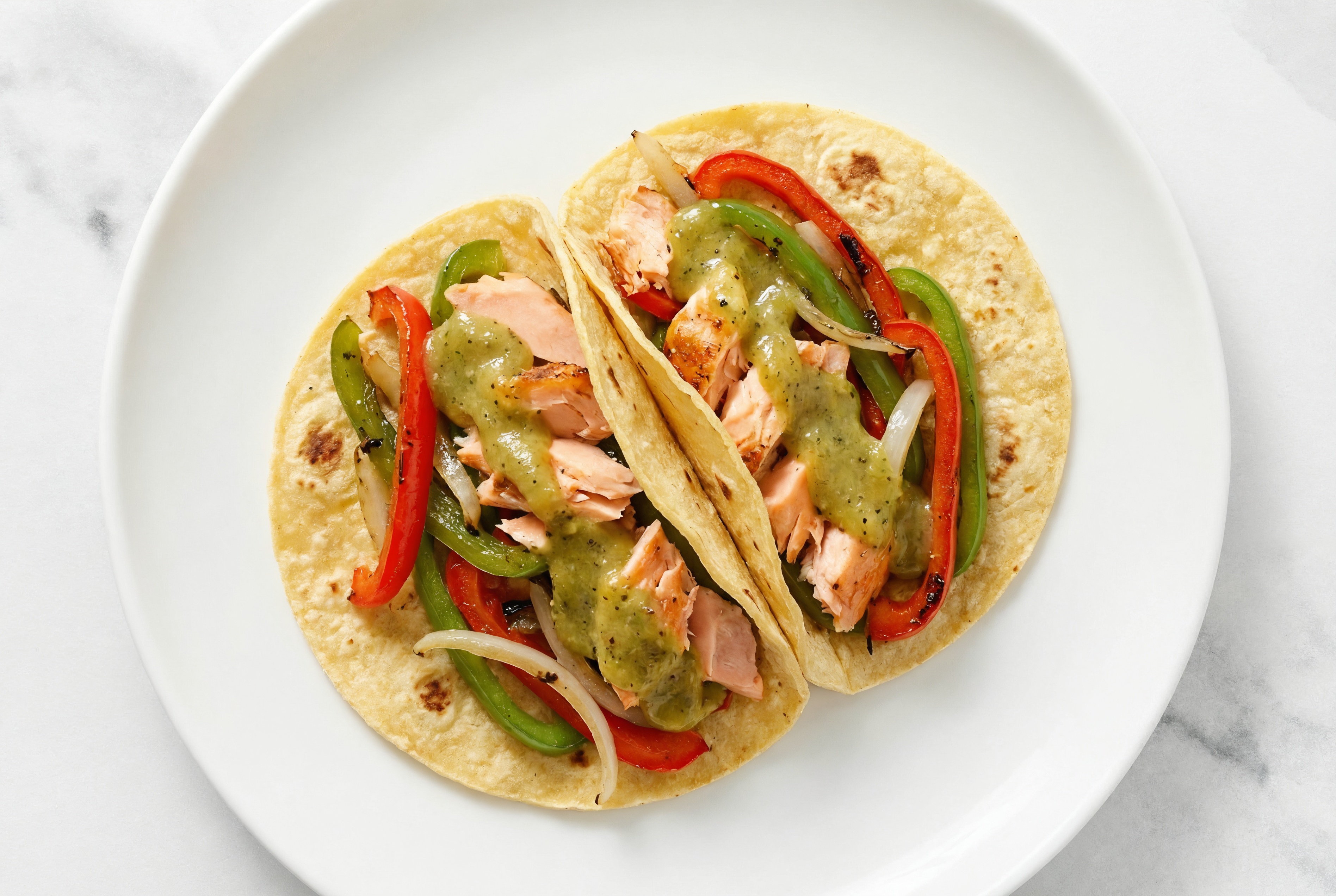 Herby Salmon Tacos with Veggies + Green Chile
