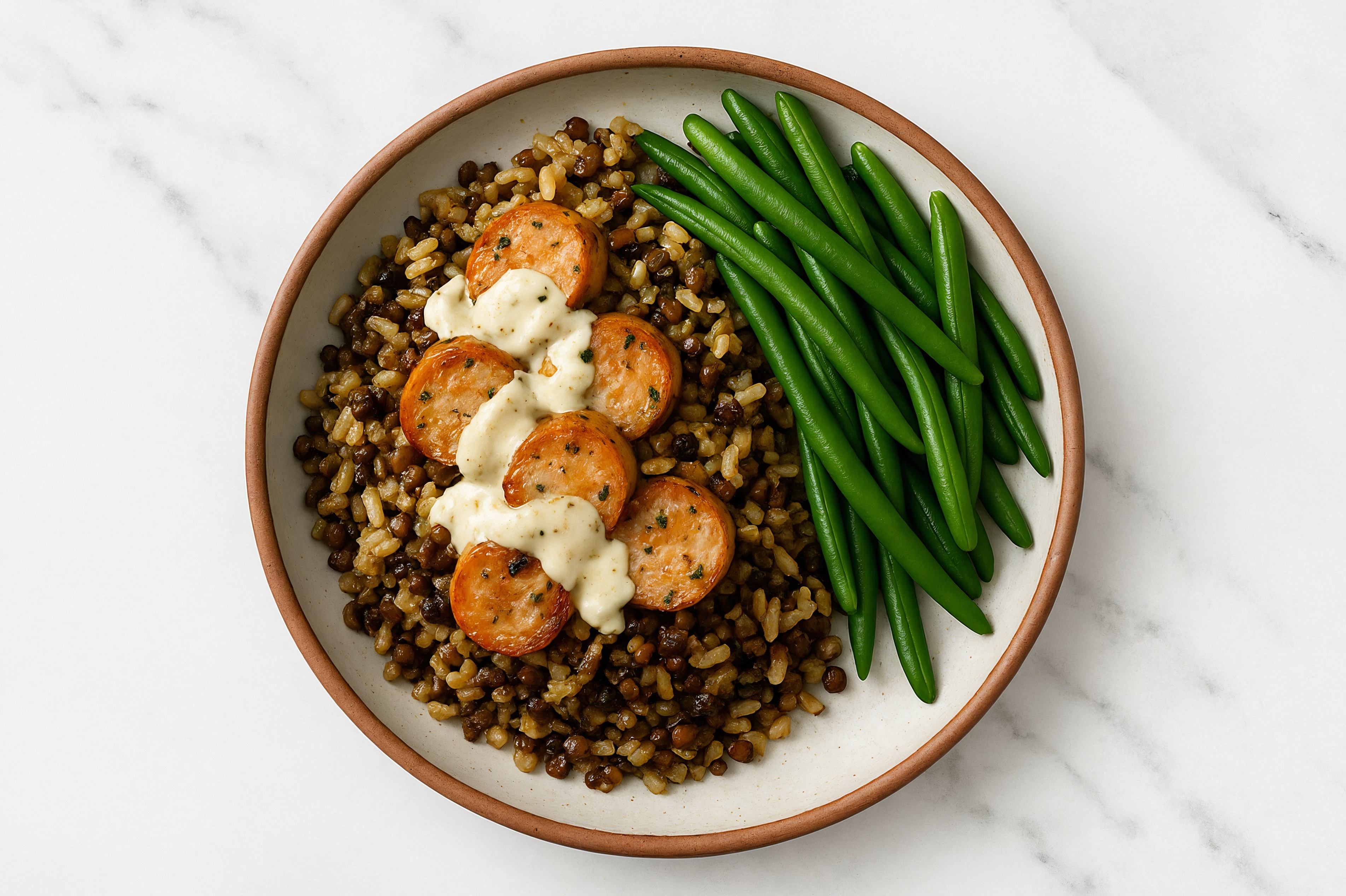 Creamy Garlic Chicken Sausage + Green Bean Protein Bowl