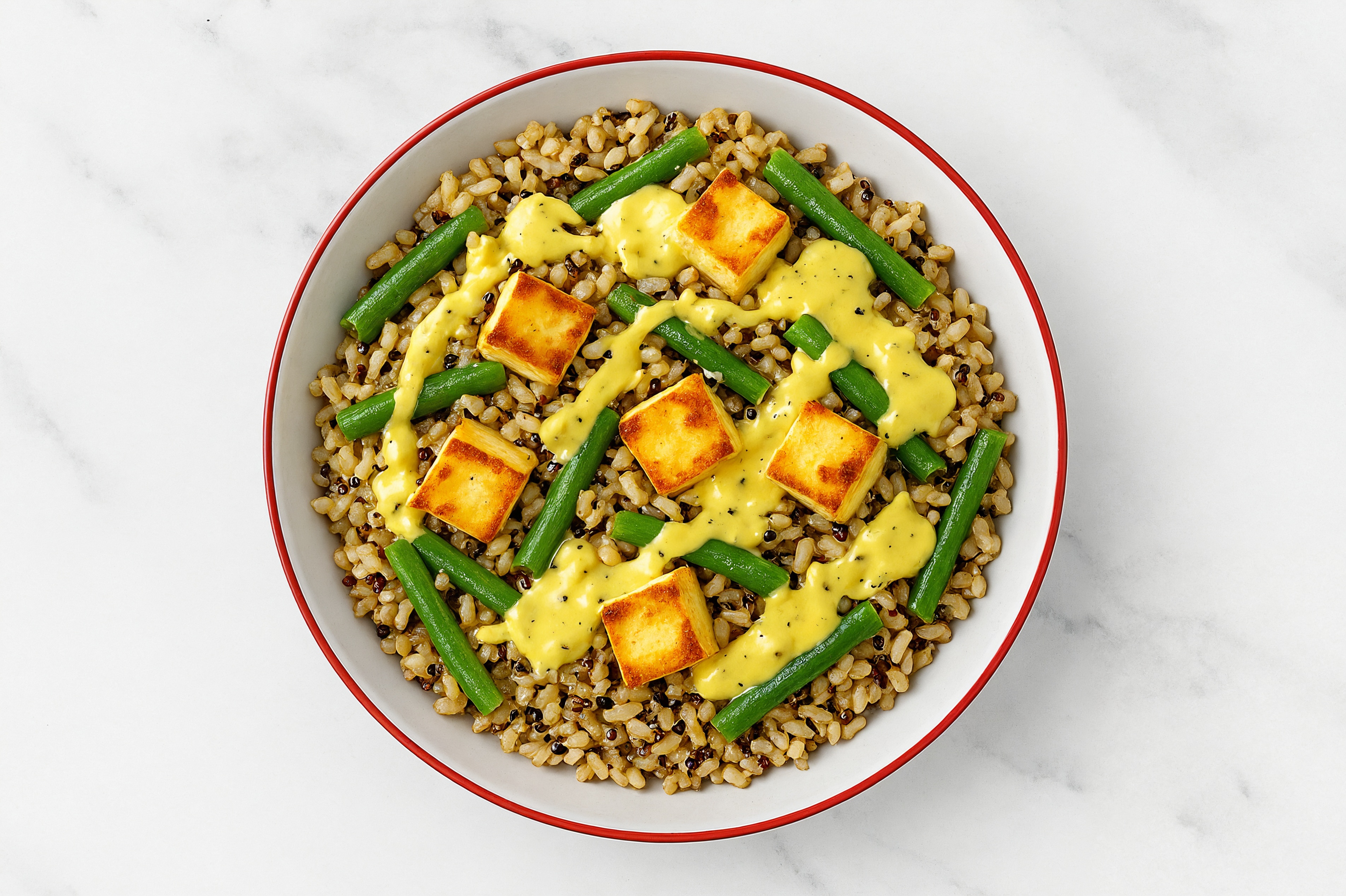 Soft & Creamy Paneer, Green Beans over Brown Rice with Honey Mustard Garlic Sauce