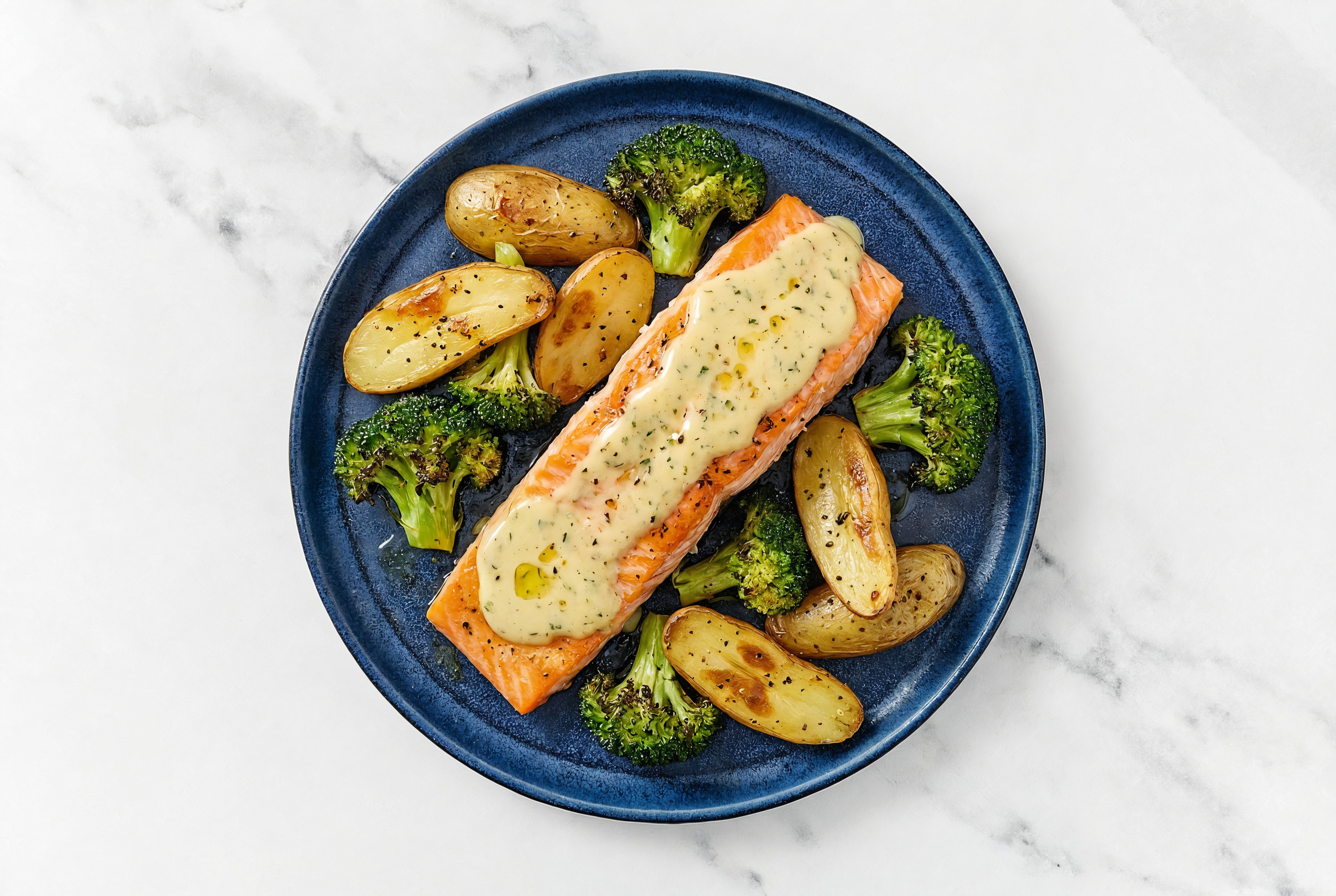Baked Tahini Marinated Salmon + Roasted Veggies with Broccoli Florets