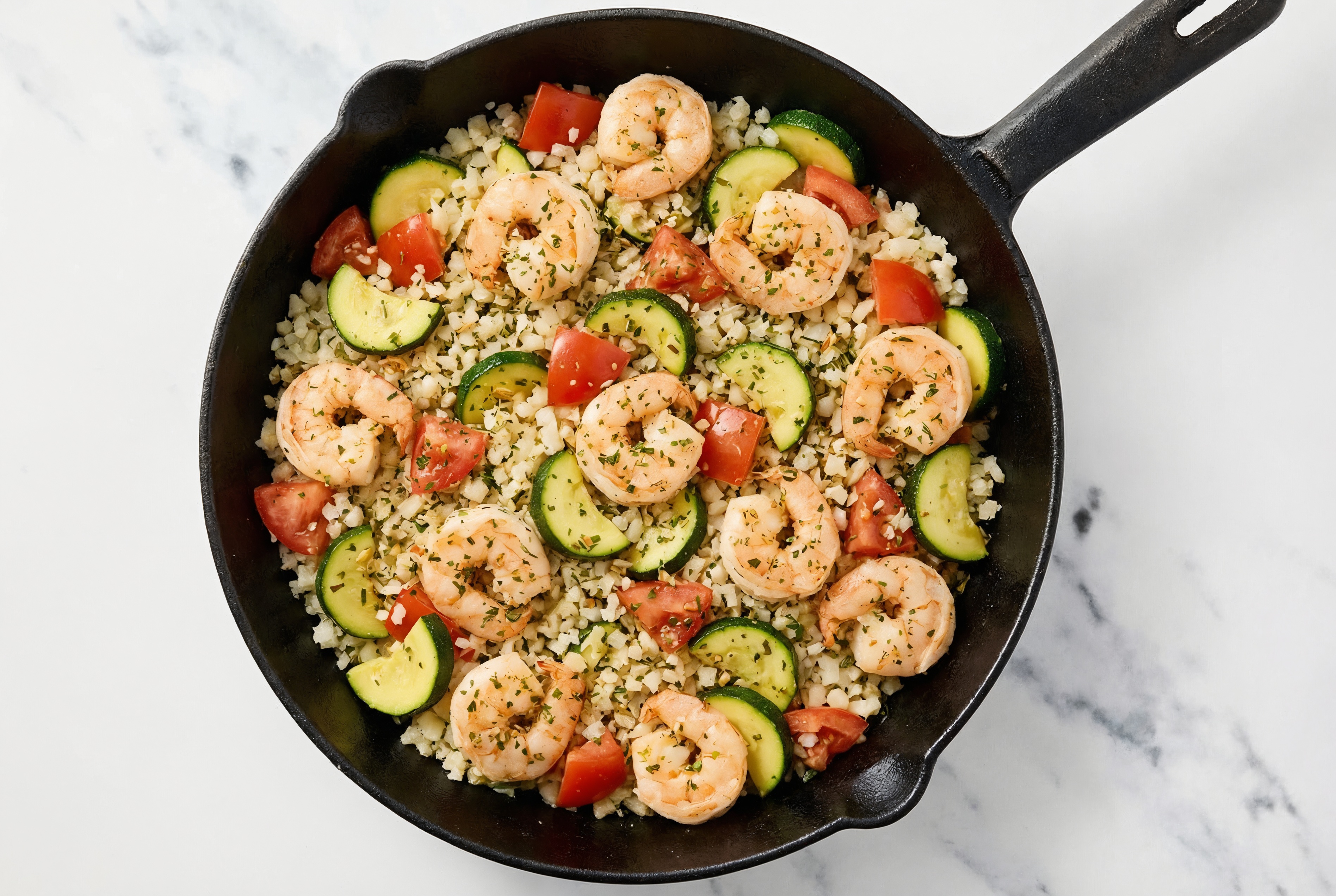 Garlicky Beefsteak Tomato Jumbo Shrimp + Cauliflower Rice