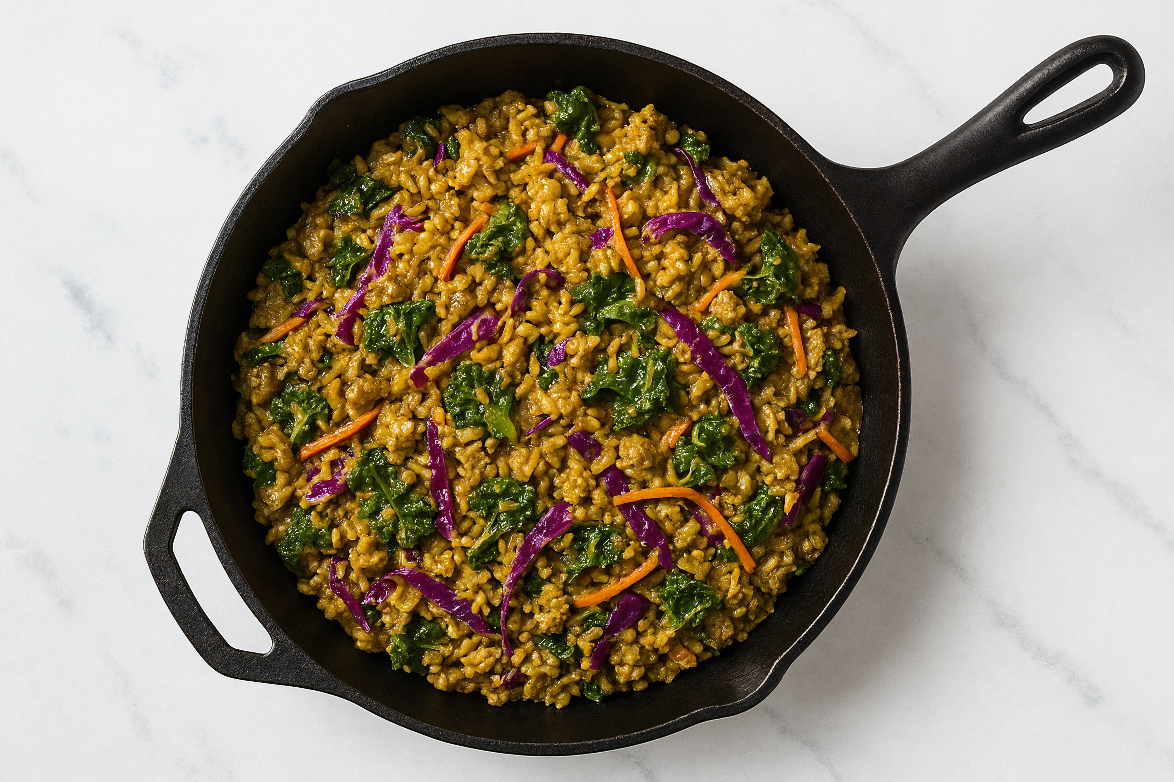 Curry Rainbow Veggie + Ground Turkey Stir-Fry with Seasoned Jasmine Rice