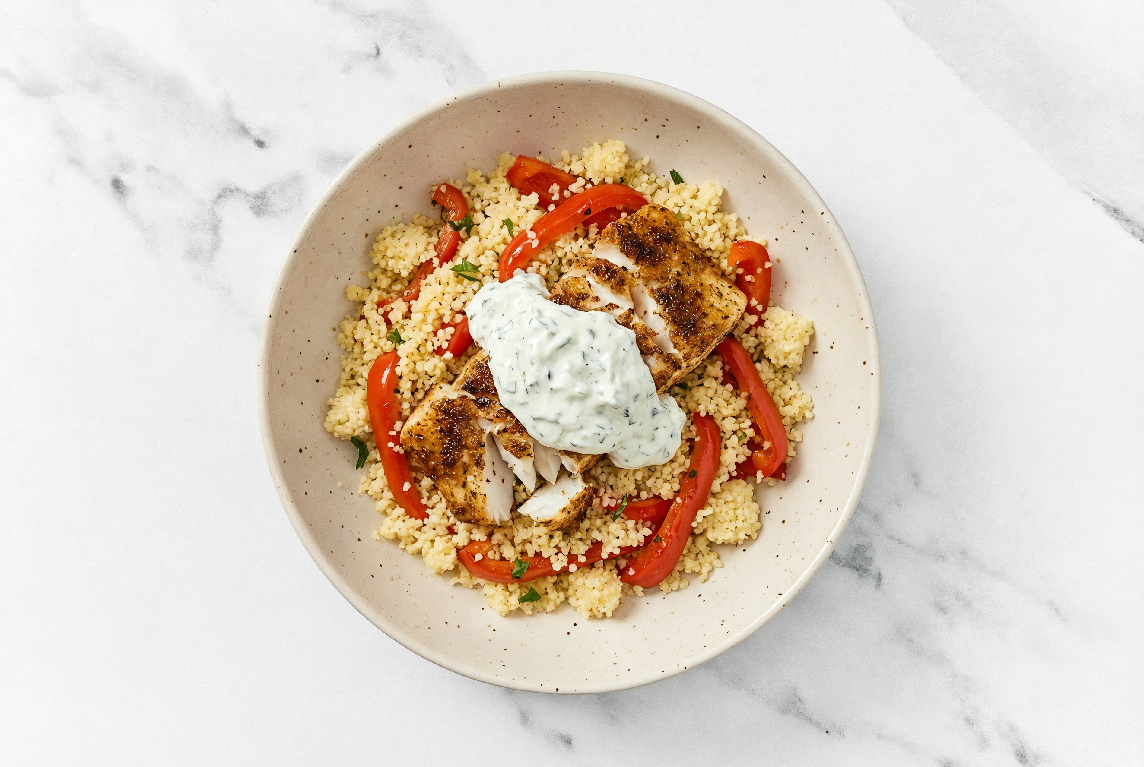 Halibut + Feta Cucumber Tzatziki Dip Couscous Grain Bowl