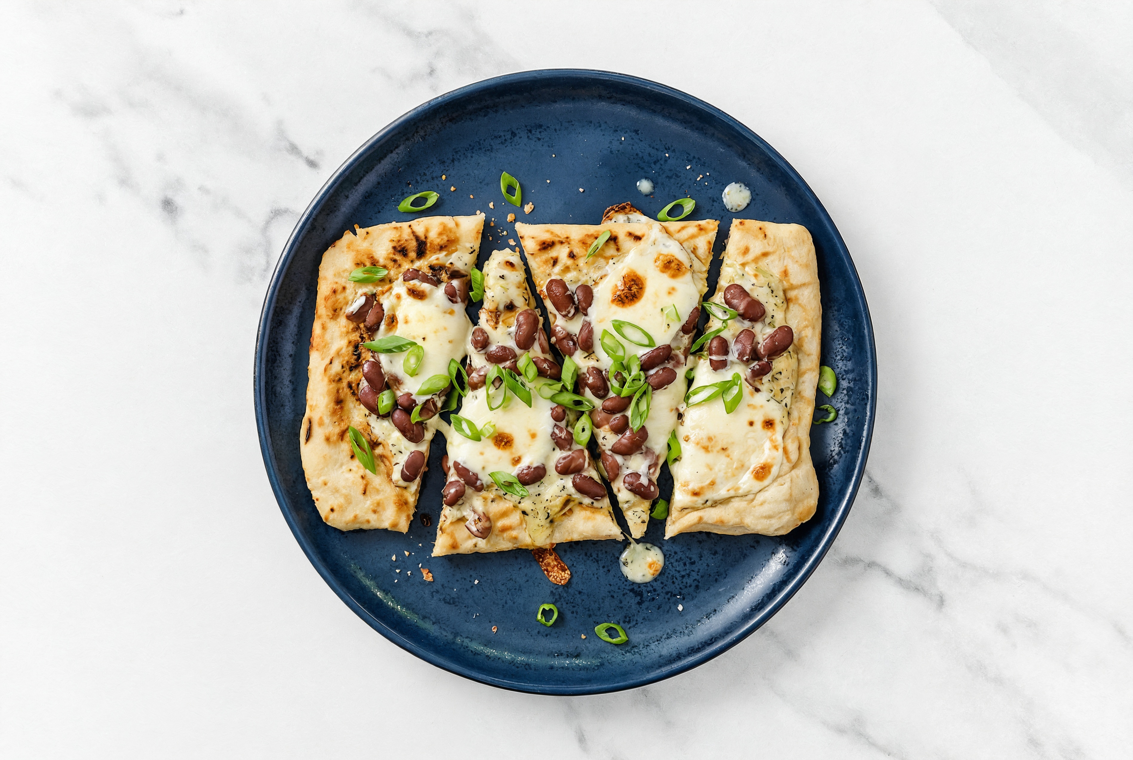 White Herb Creole Bean Grilled Pizza with Fresh Mozz + Fresh Scallions