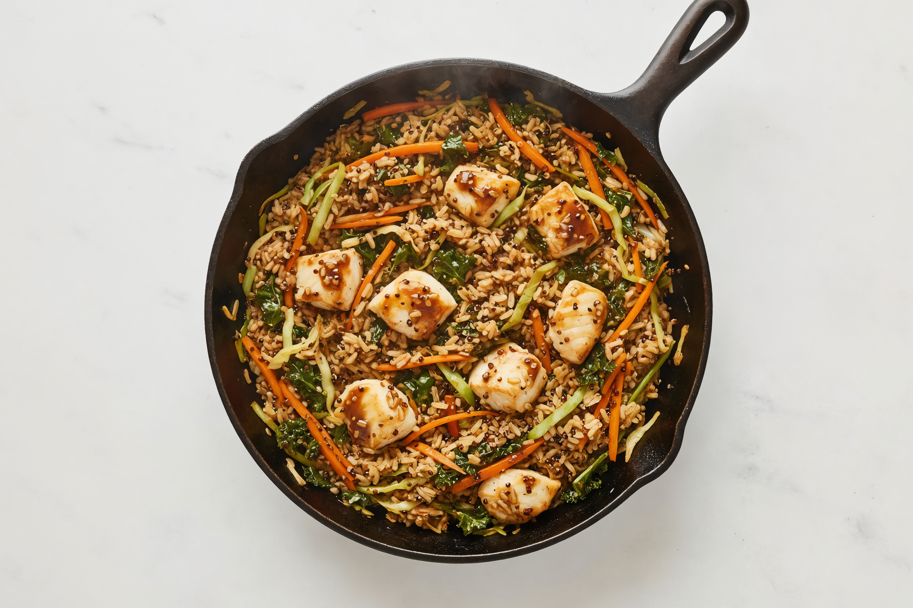 Sweet + Sour Veggie + Wild Halibut Stir-Fry with Brown Rice Quinoa Blend