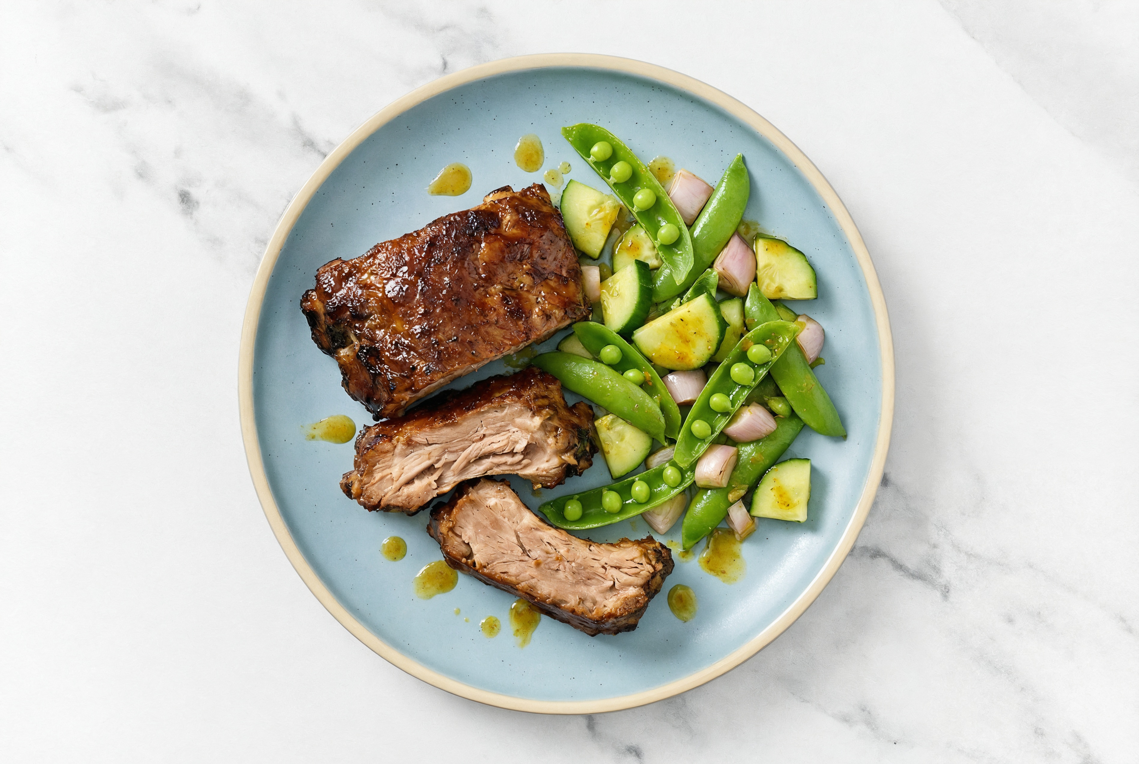 Juicy Baby Back Ribs + Crunchy Cucumber Veggie Salad with Madras Curry Powder