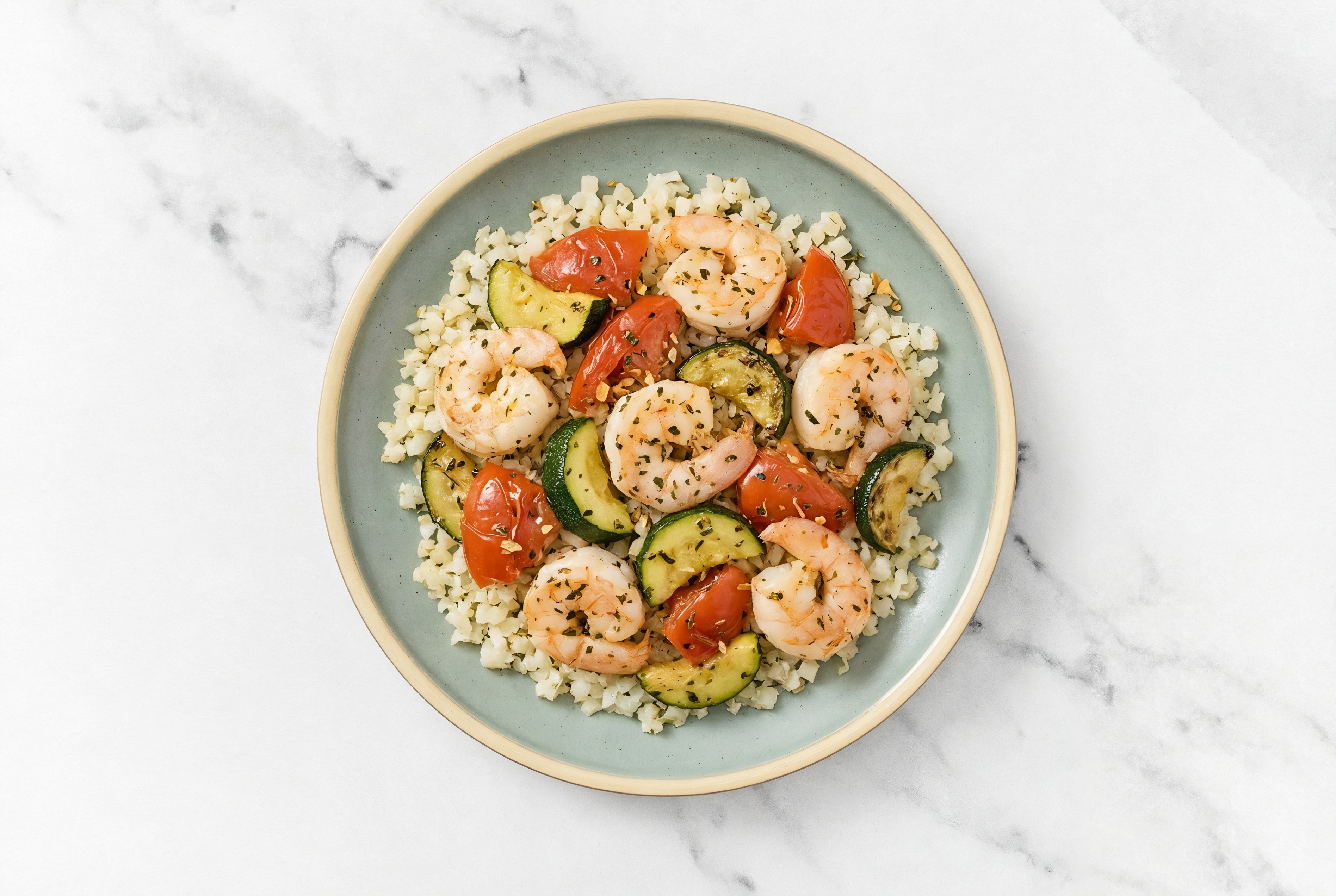 Garlicky Beefsteak Tomato Jumbo Shrimp + Cauliflower Rice