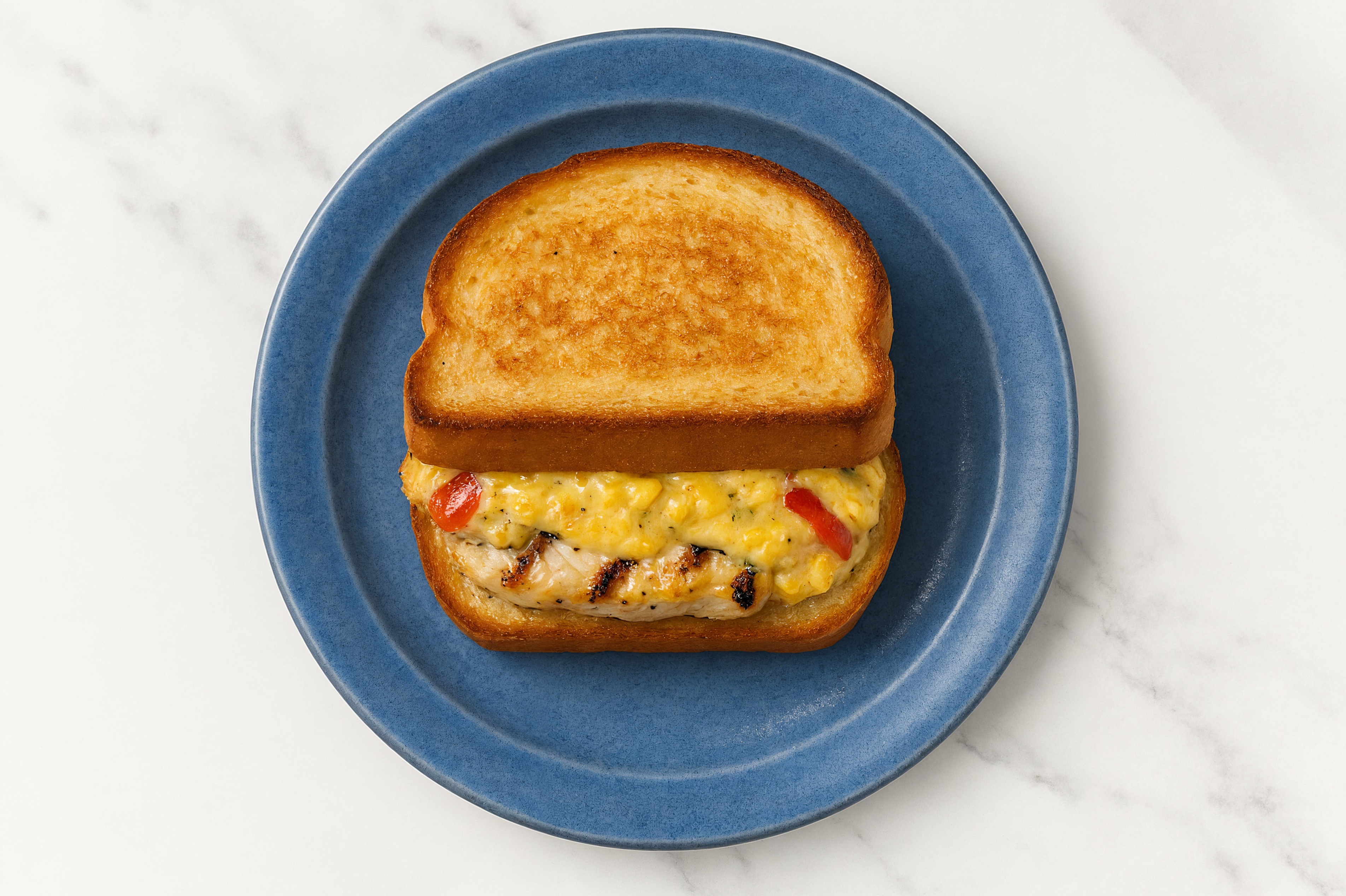 Street Corn Grilled Pork Sandwich with Roasted Peppers on Honey White Bread