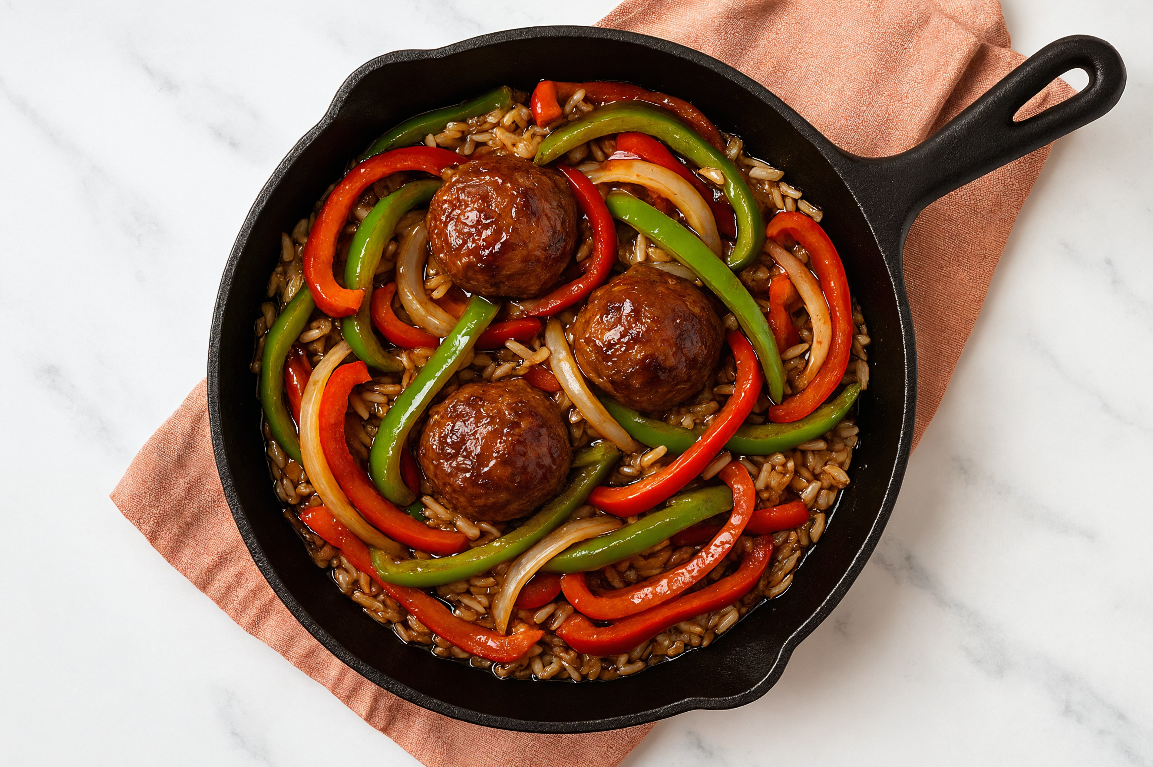 Teriyaki Meatball Stir-Fry with Bell Peppers over Brown Rice