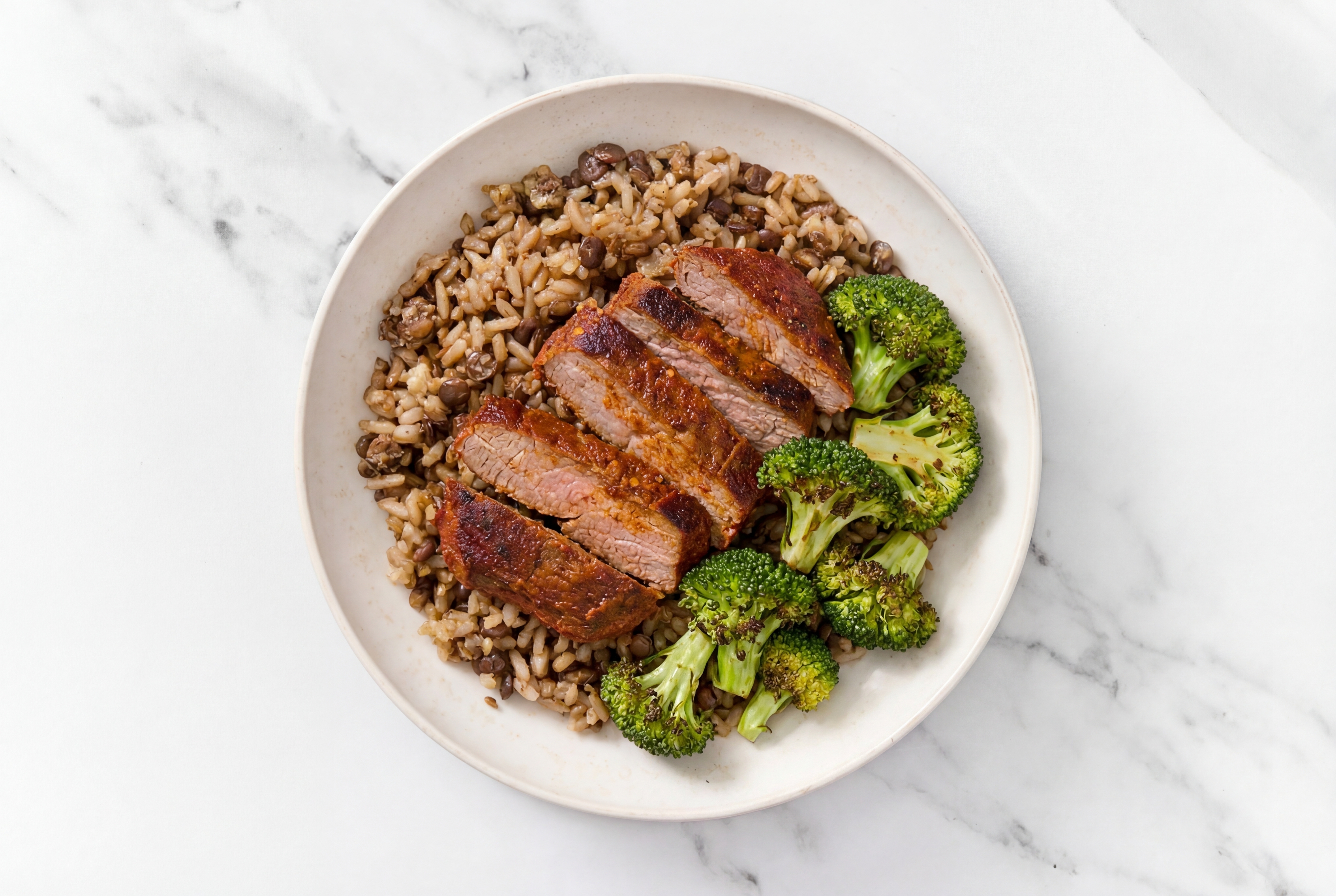Ginger Ponzu Adobo Marinated Flank Steak Grain Bowl with Broccoli