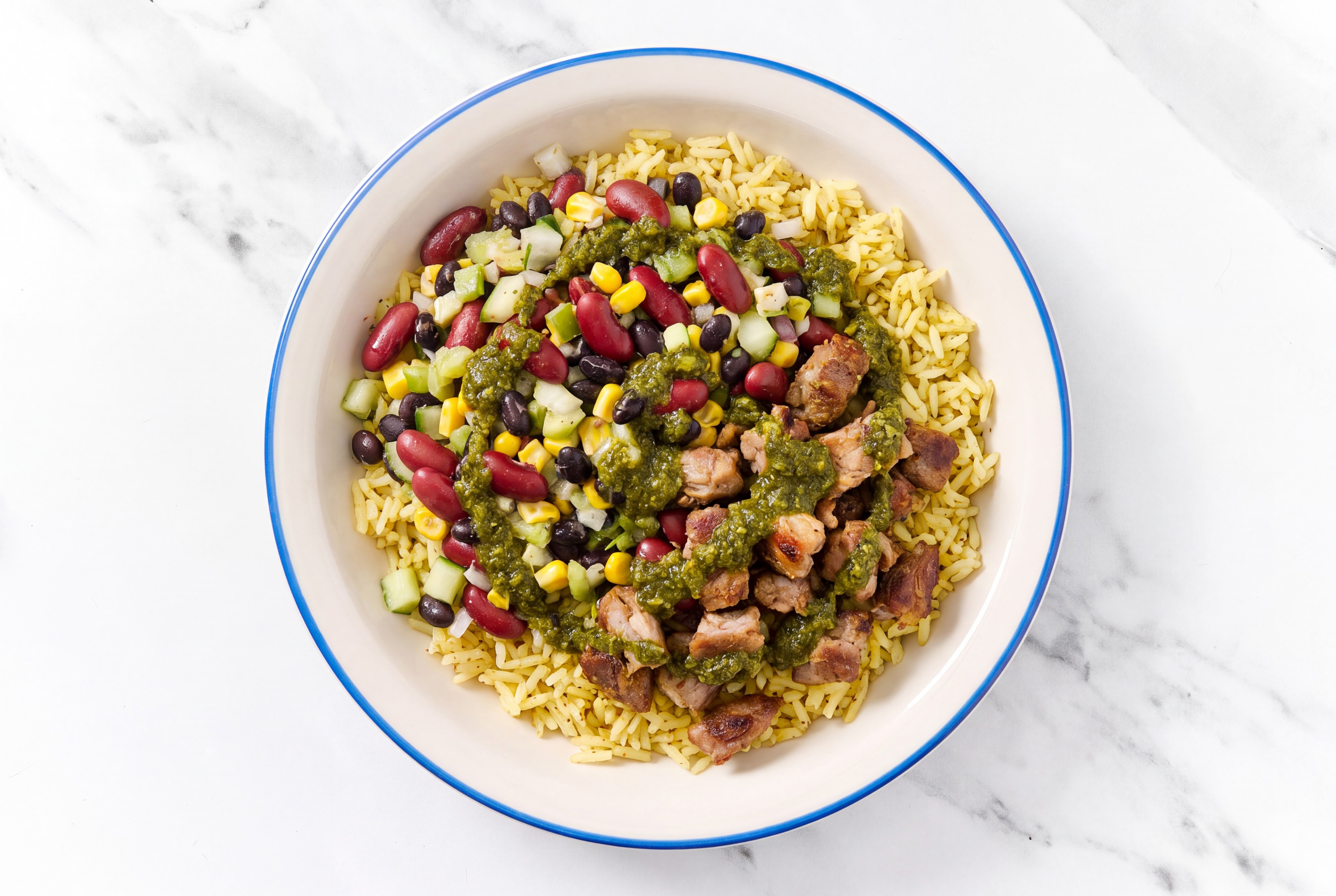 Carnitas Grain Bowl with Bean Salad & Zhoug with Seasoned Jasmine Rice