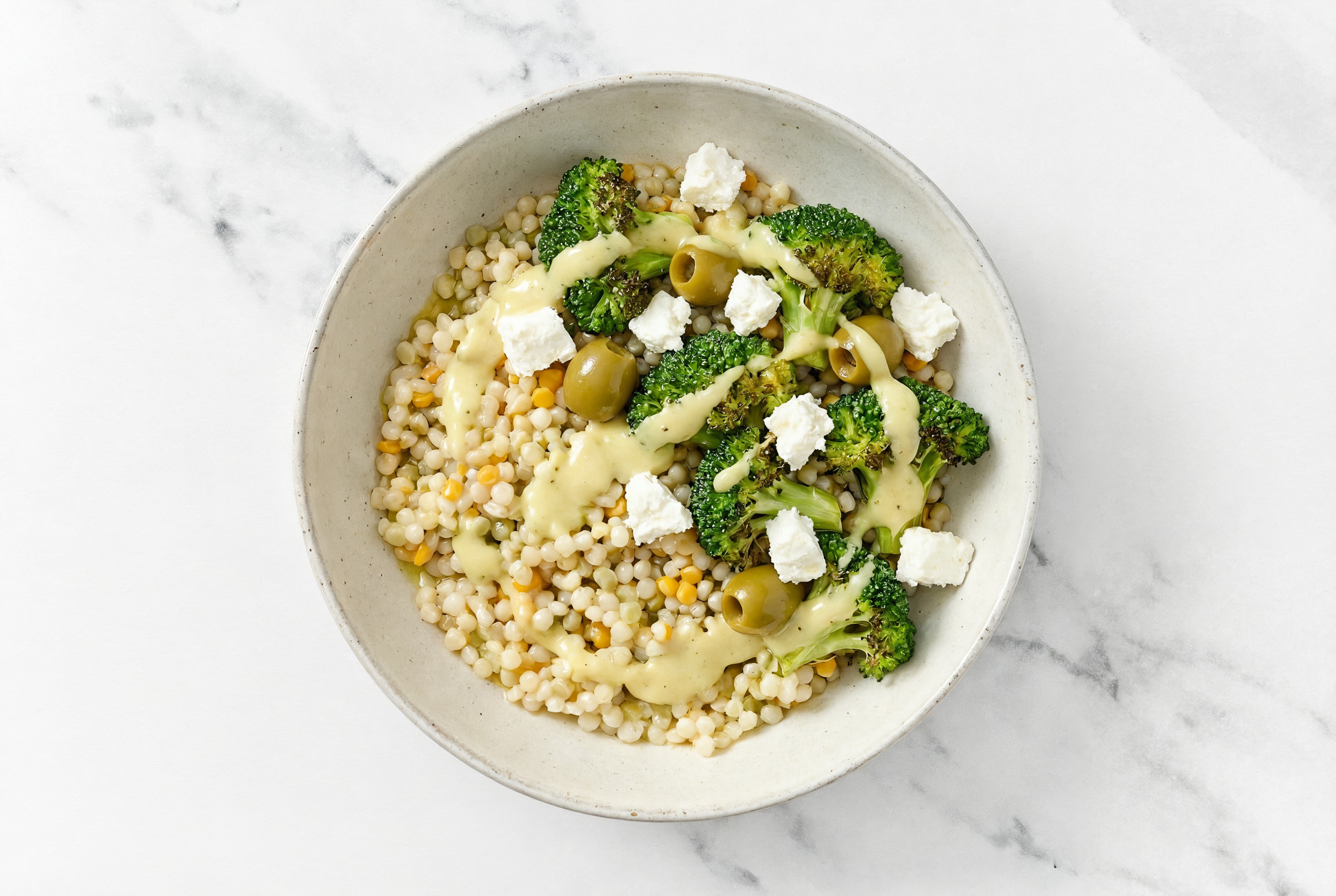 Honey Mustard Broccoli Feta Green Olive Grain Bowl