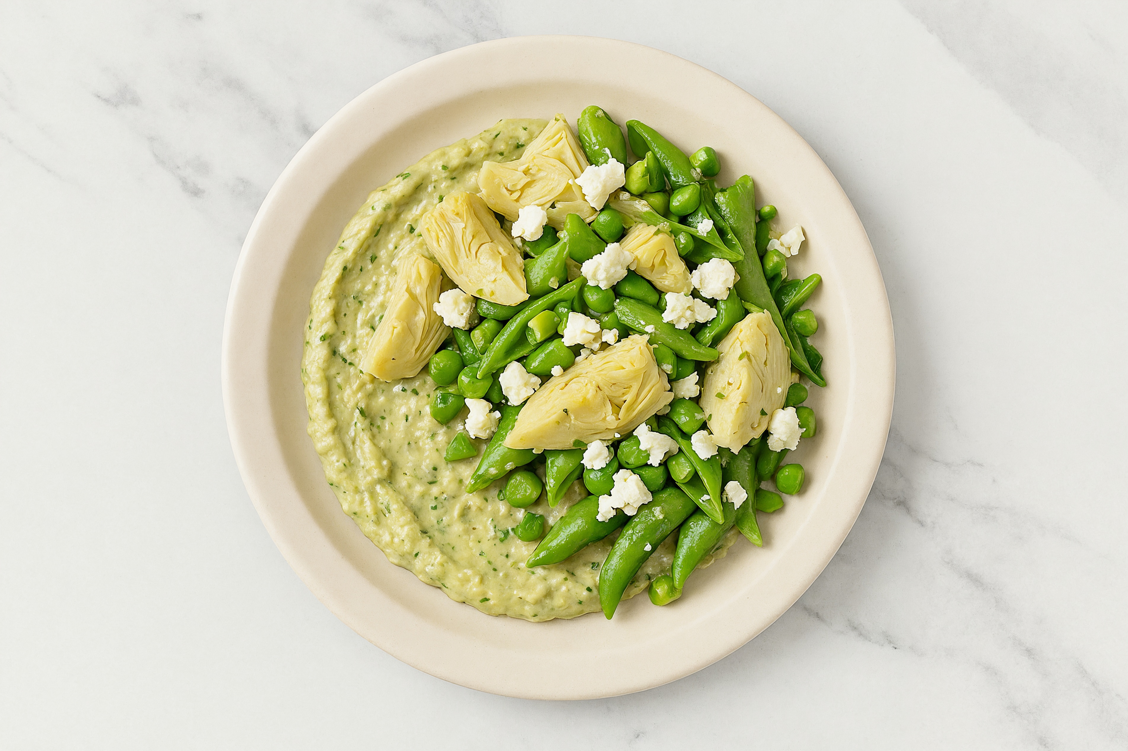 Feta Artichoke Snap Pea Bowl over Spinach Artichoke Dip