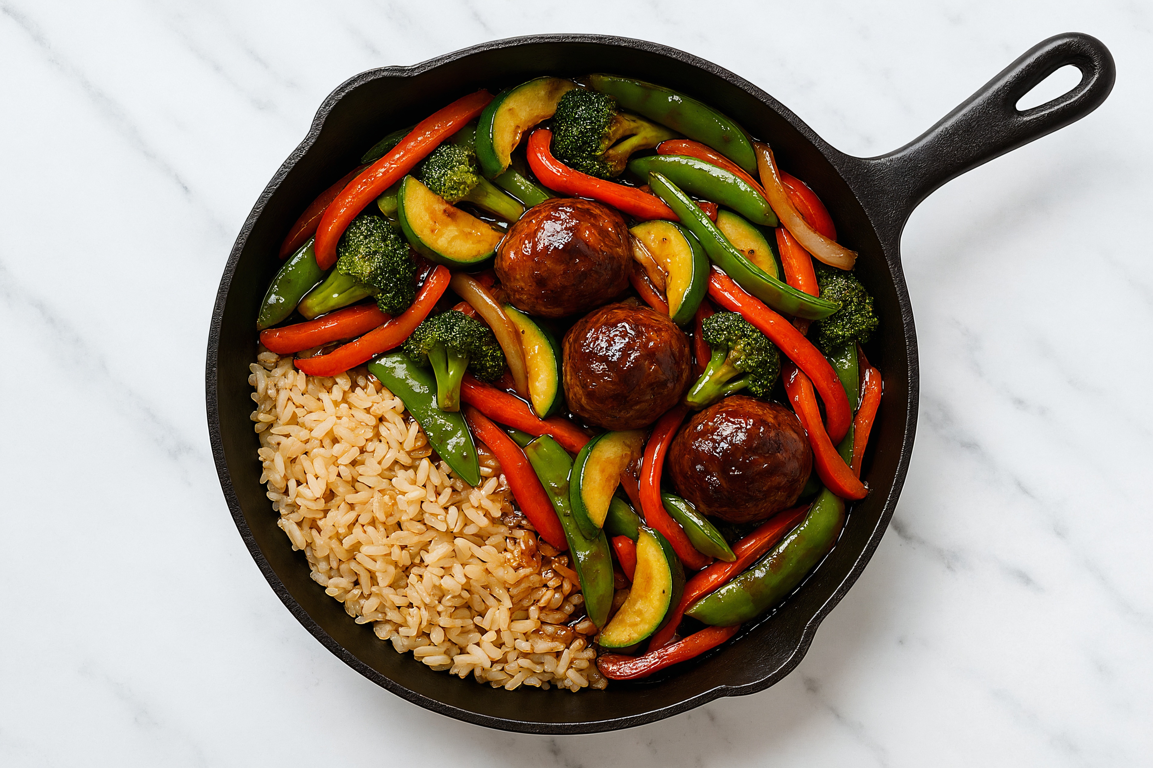 Japanese BBQ Meatball Stir-Fry with Mixed Veggies over Brown Rice