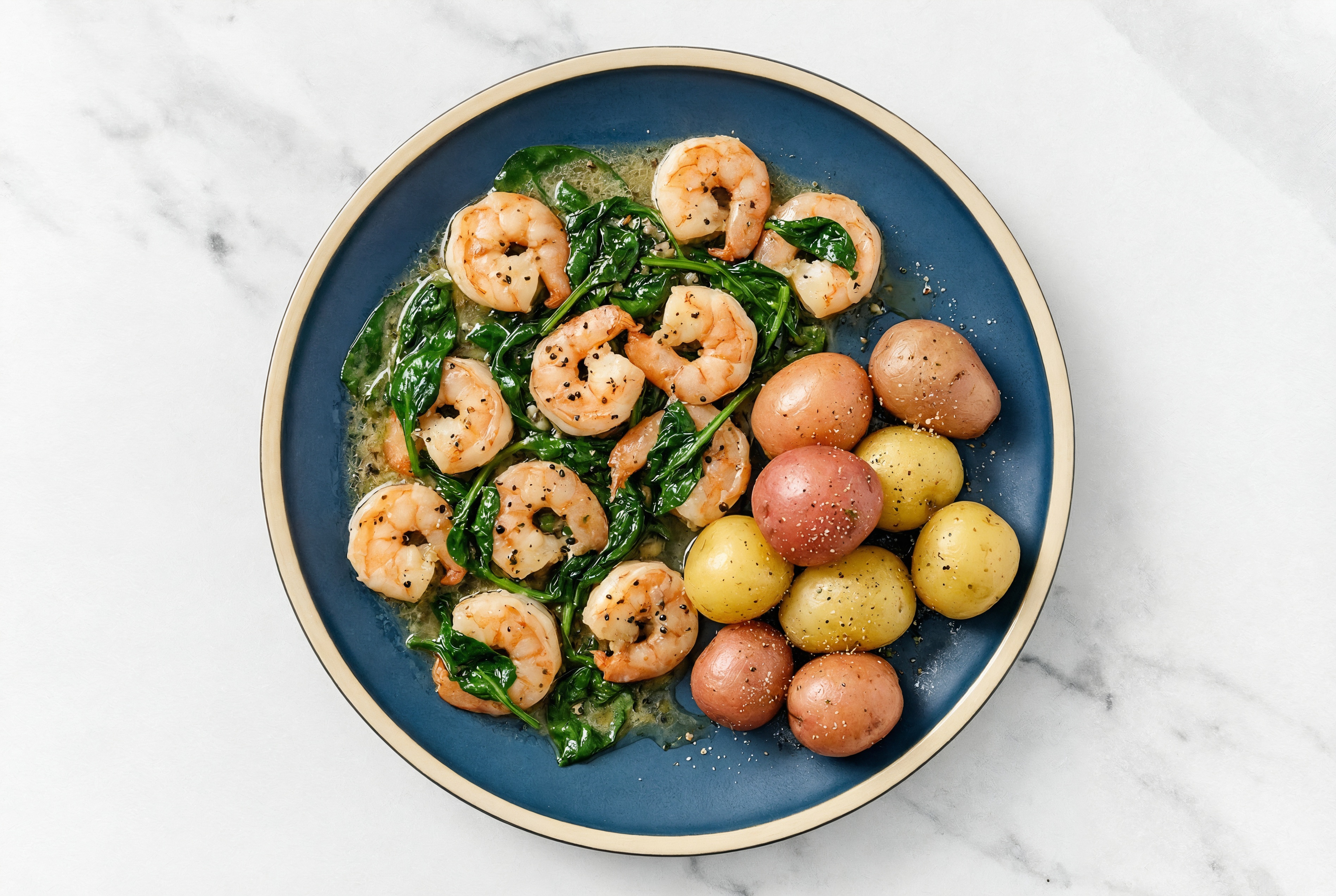 Lemon-Slow Churned & Peppercorn Pasture Butter Shrimp with Creamer Potatoes & Spinach