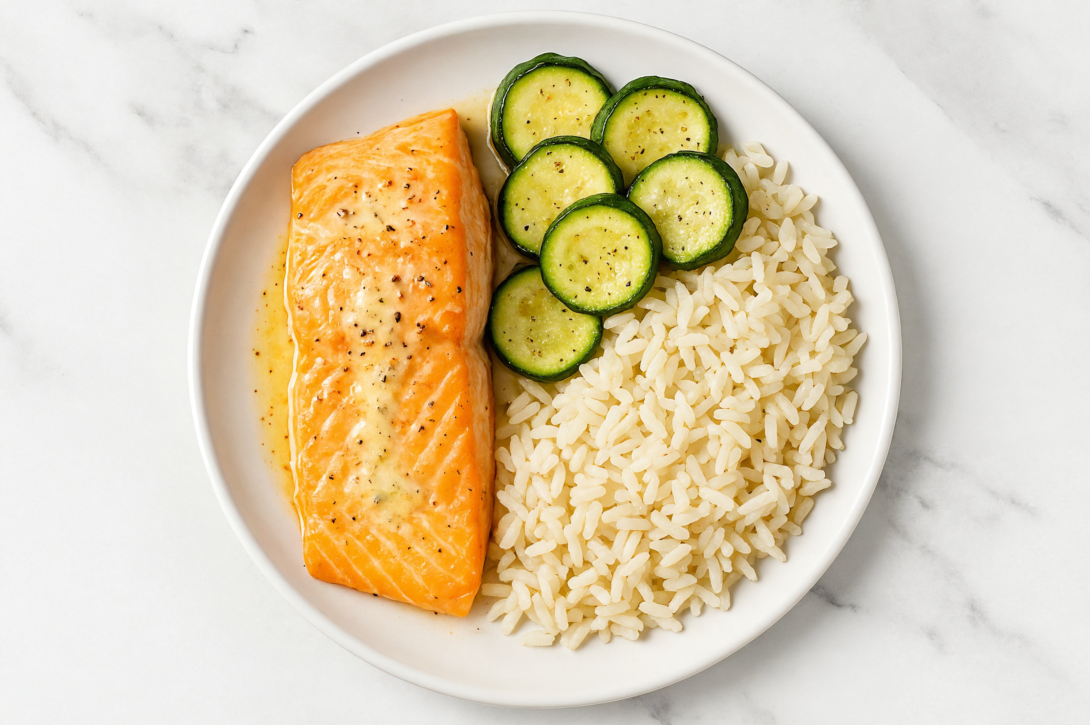 Roasted Salmon with Zucchini + Garlic Sauce with Long Grain White Rice
