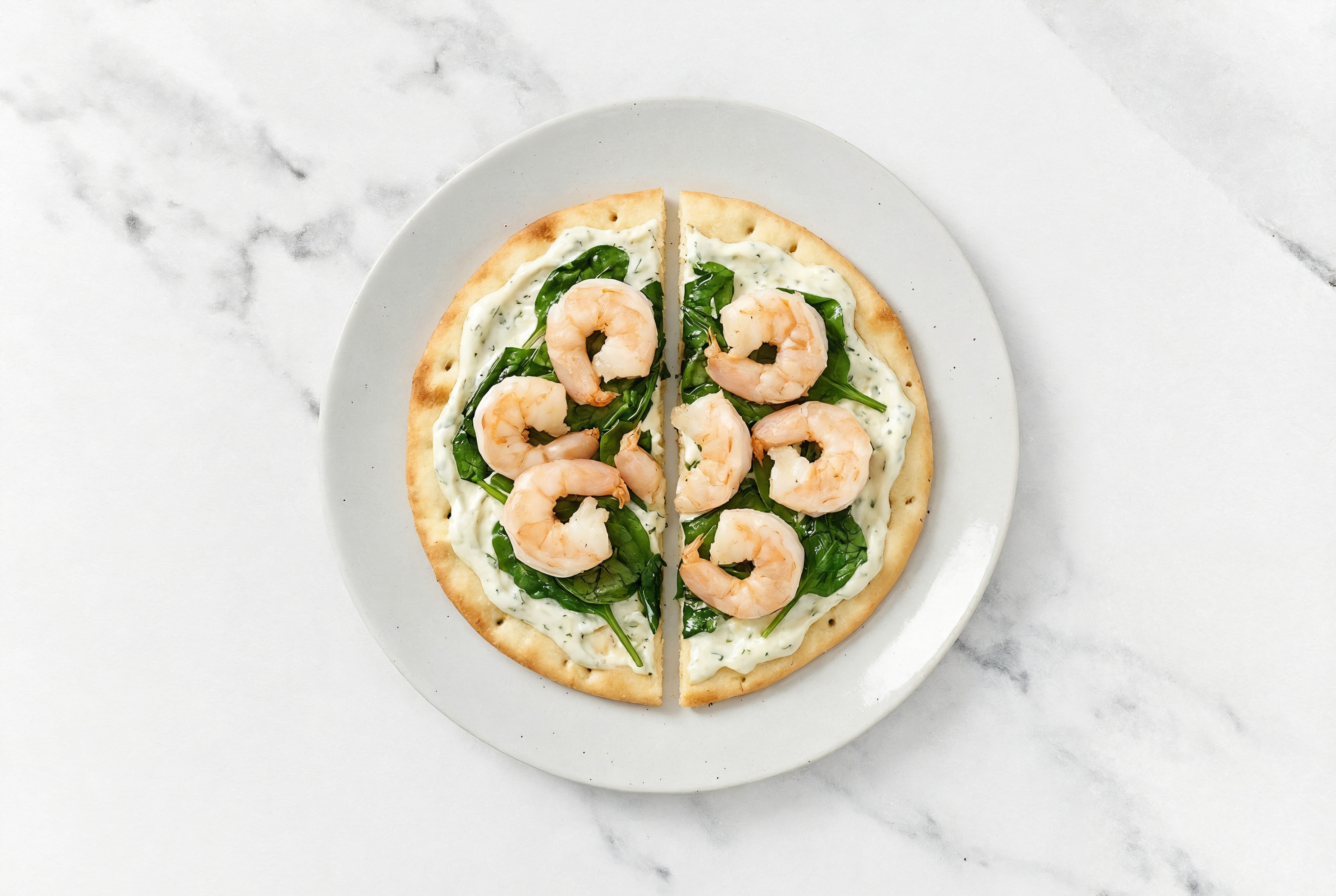 Hearty Mediterranean Inspired Jumbo Shrimp Flatbread with Dairy