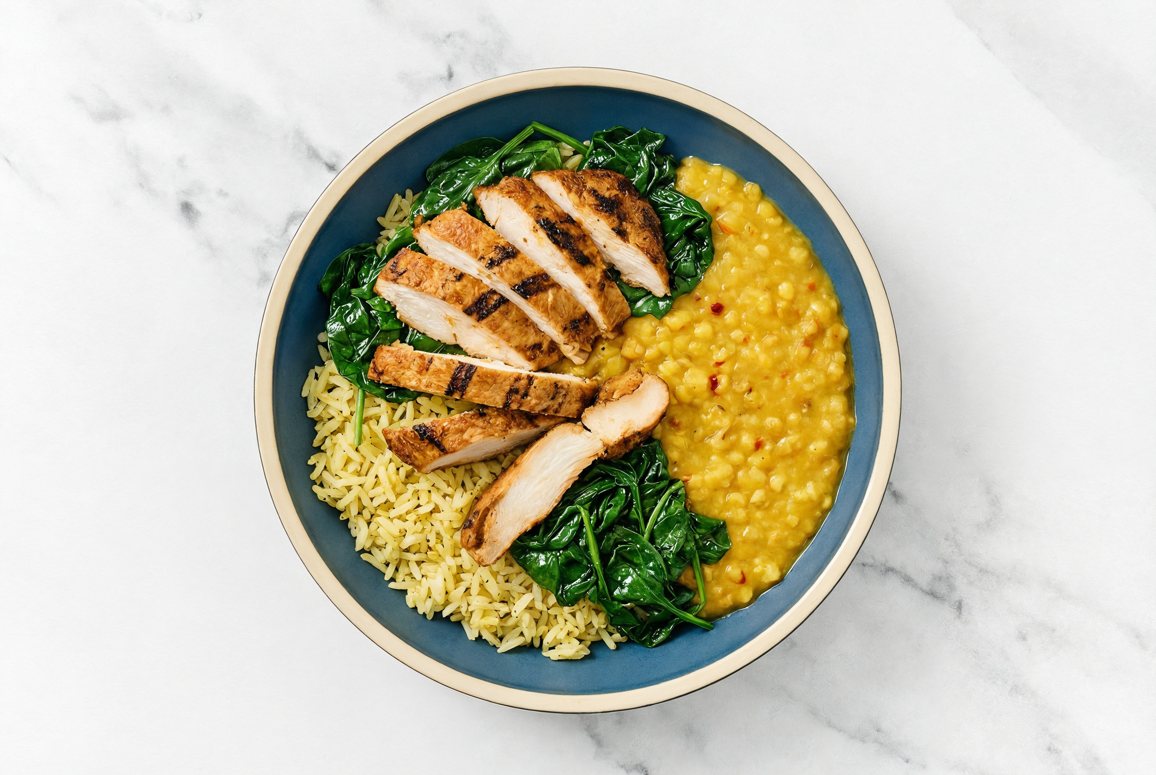 Spicy Chicken + Curried Everyday Dal Red Lentils Bowl