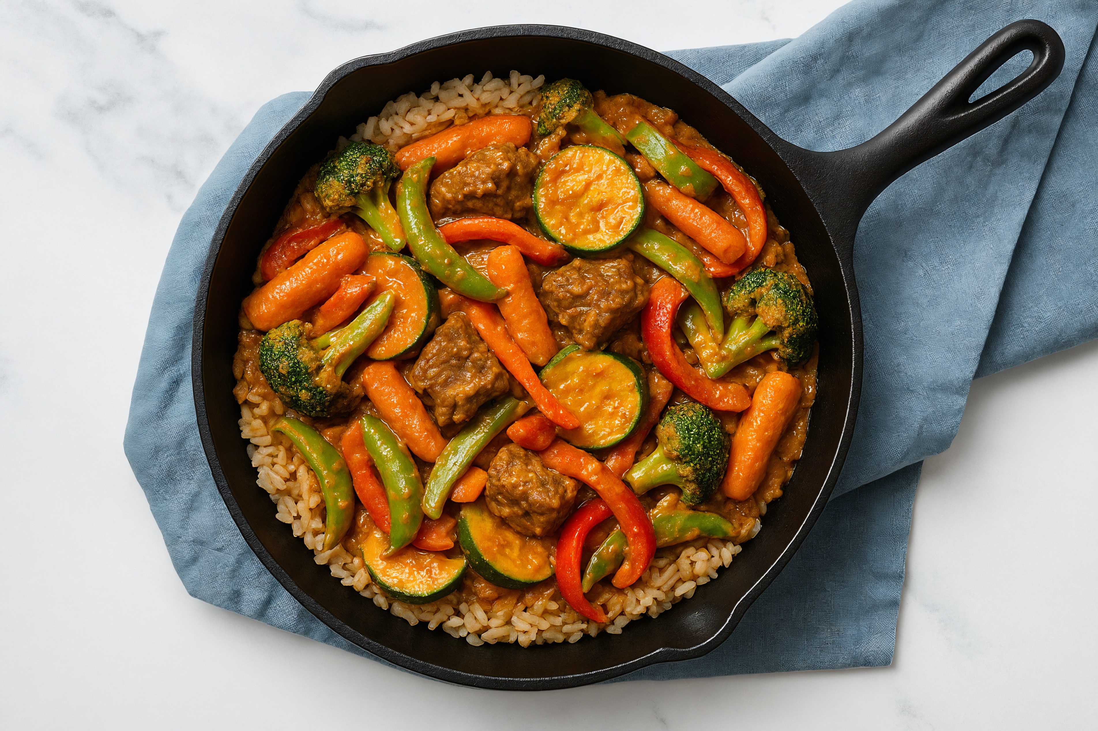 Tikka Masala Short Rib Stir-Fry with Mixed Veggies over Brown Rice