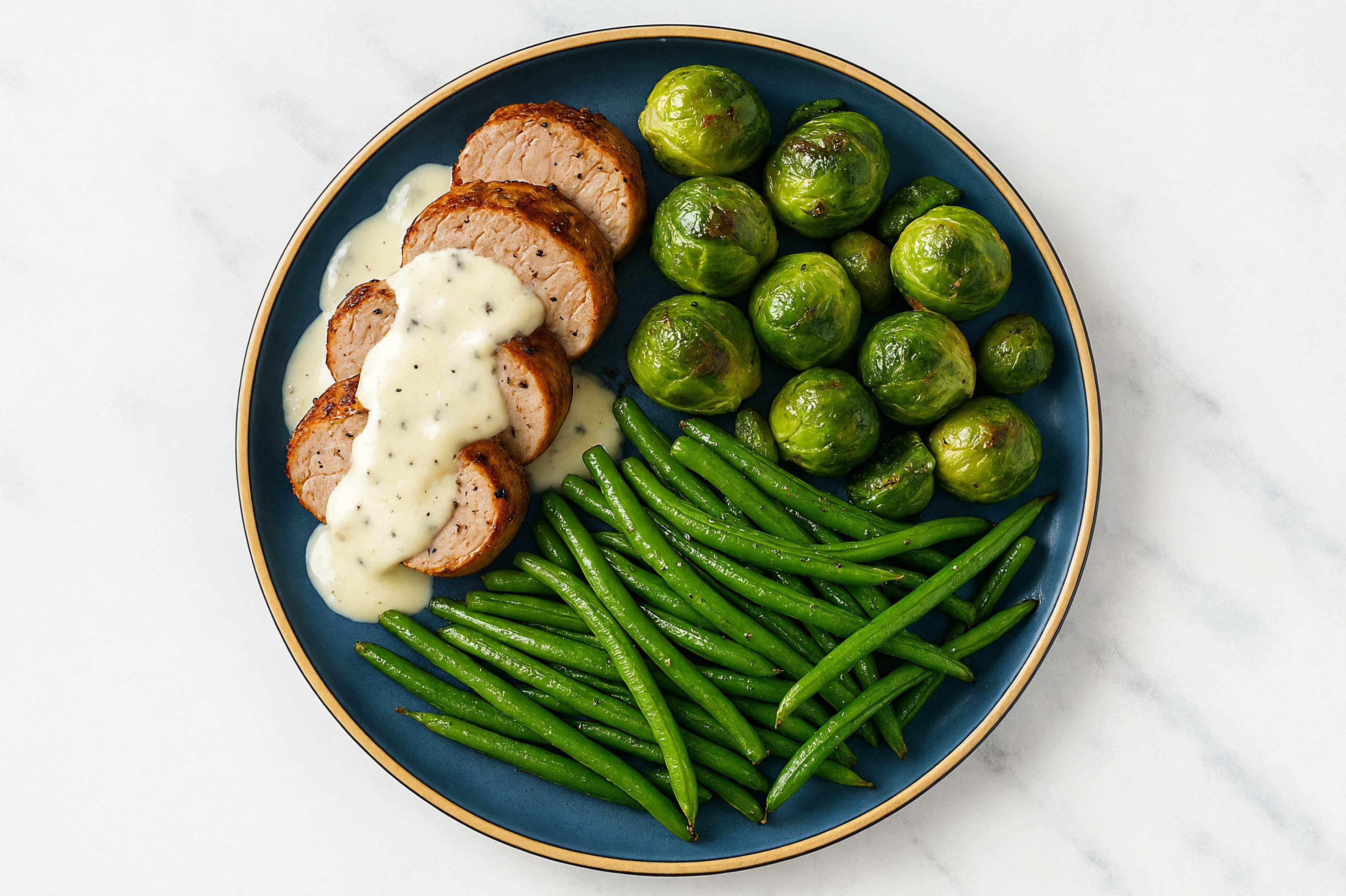 Creamy Parmesan Smothered Pork Tenderloin with Green Beans & Roasted Brussels