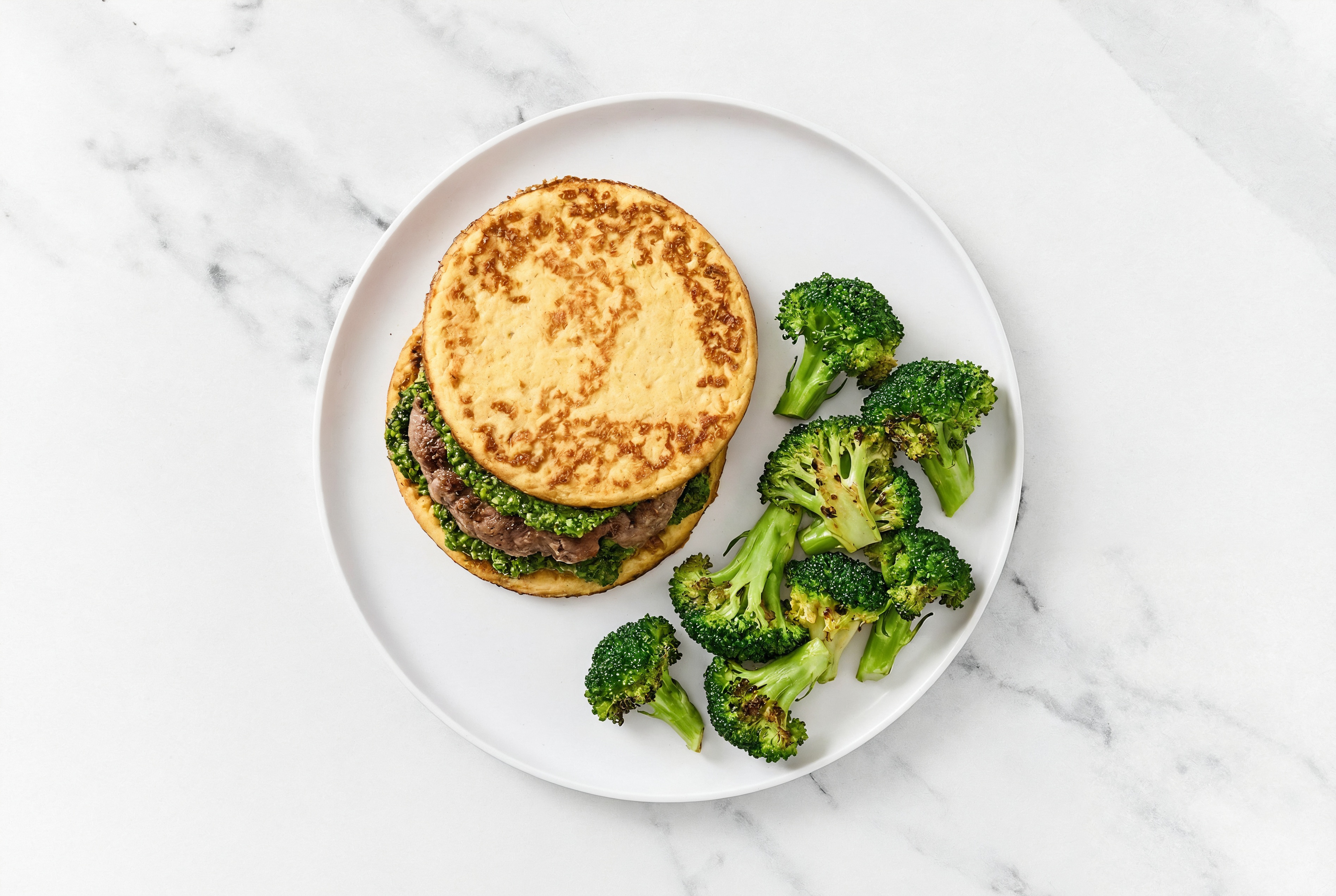 Low-Carb Pesto Bison Burger + Broccoli Bunches