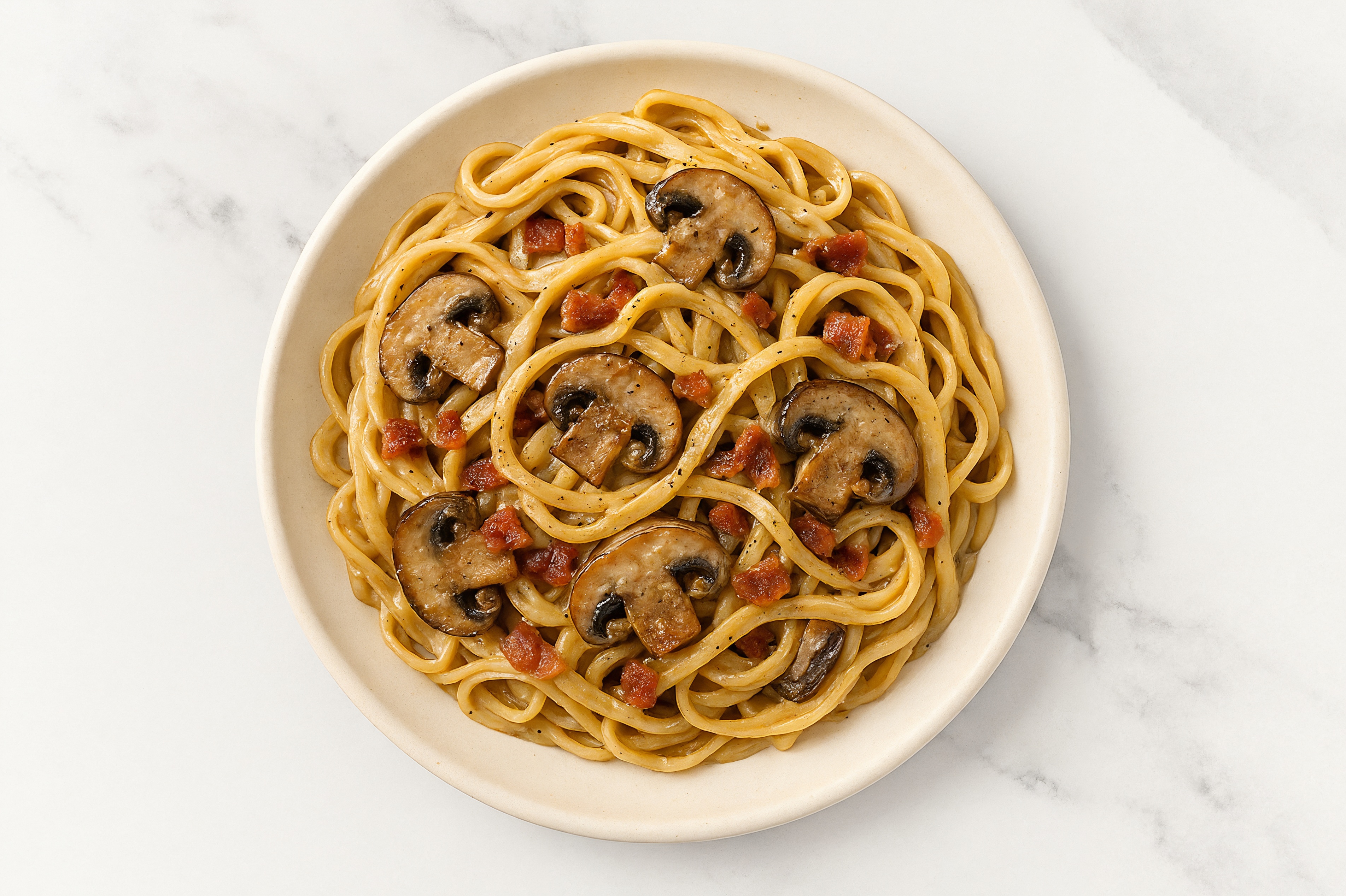 Creamy Rosemary Truffle Sauce Applewood Smoked Pork Bacon + Mushroom Linguine