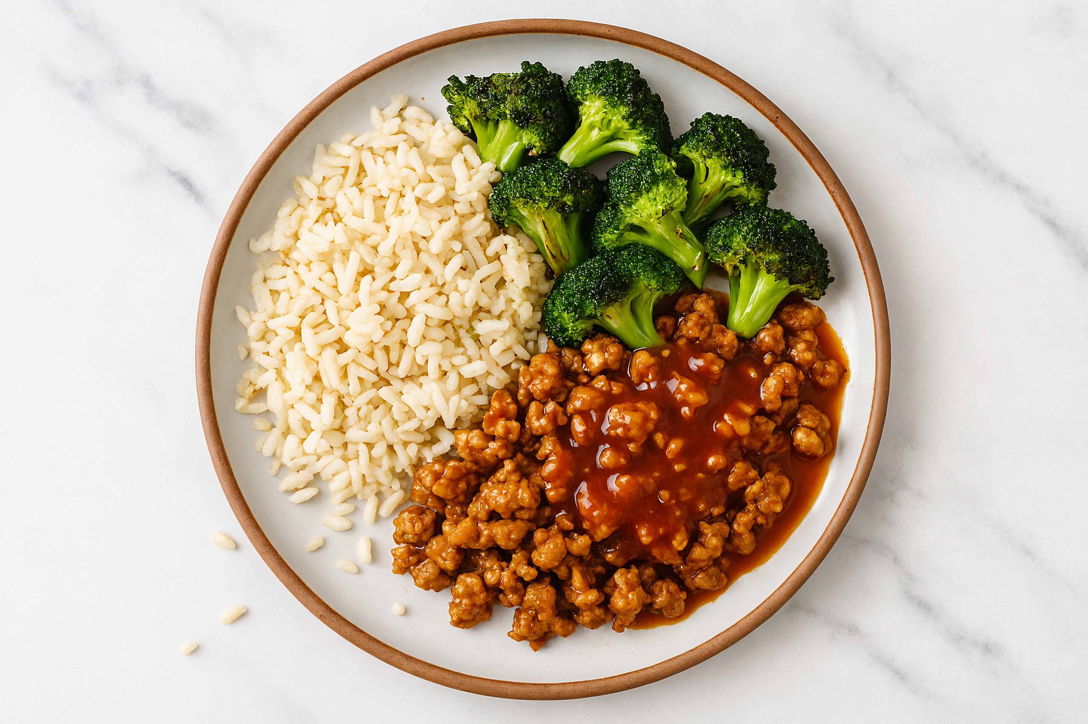 Sweet Chili Turkey + Garlic Rice Bowl with Broccoli Florets