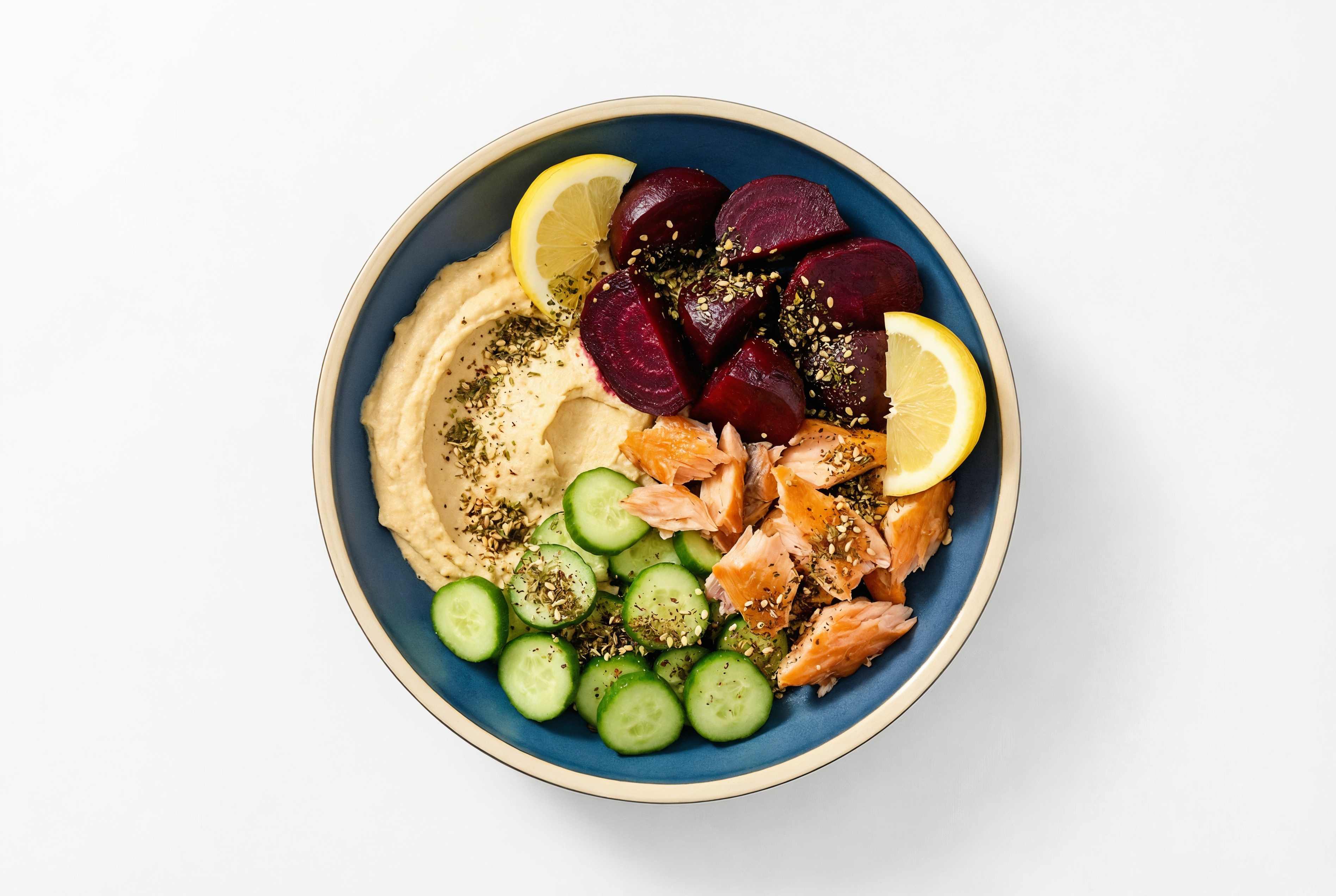 Lemony Salmon + Za'atar Beet Bowl with French Onion Hummus