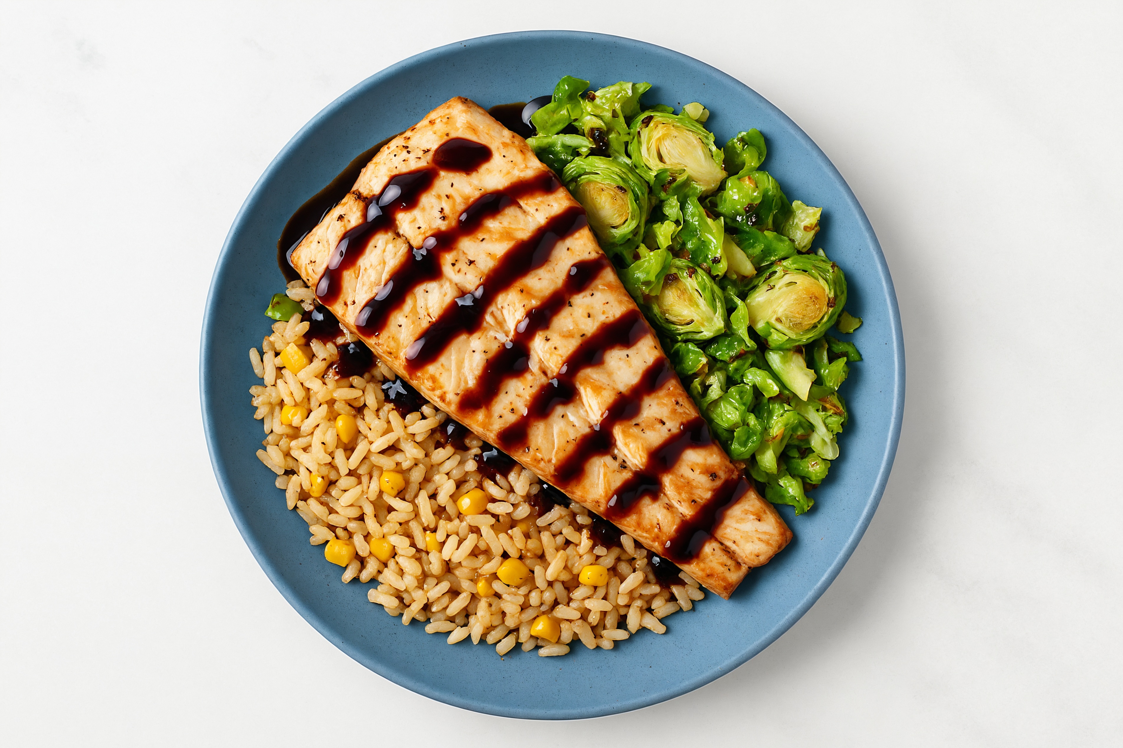 Japanese BBQ Trout + Corn Rice Bowl with Shaved Brussels