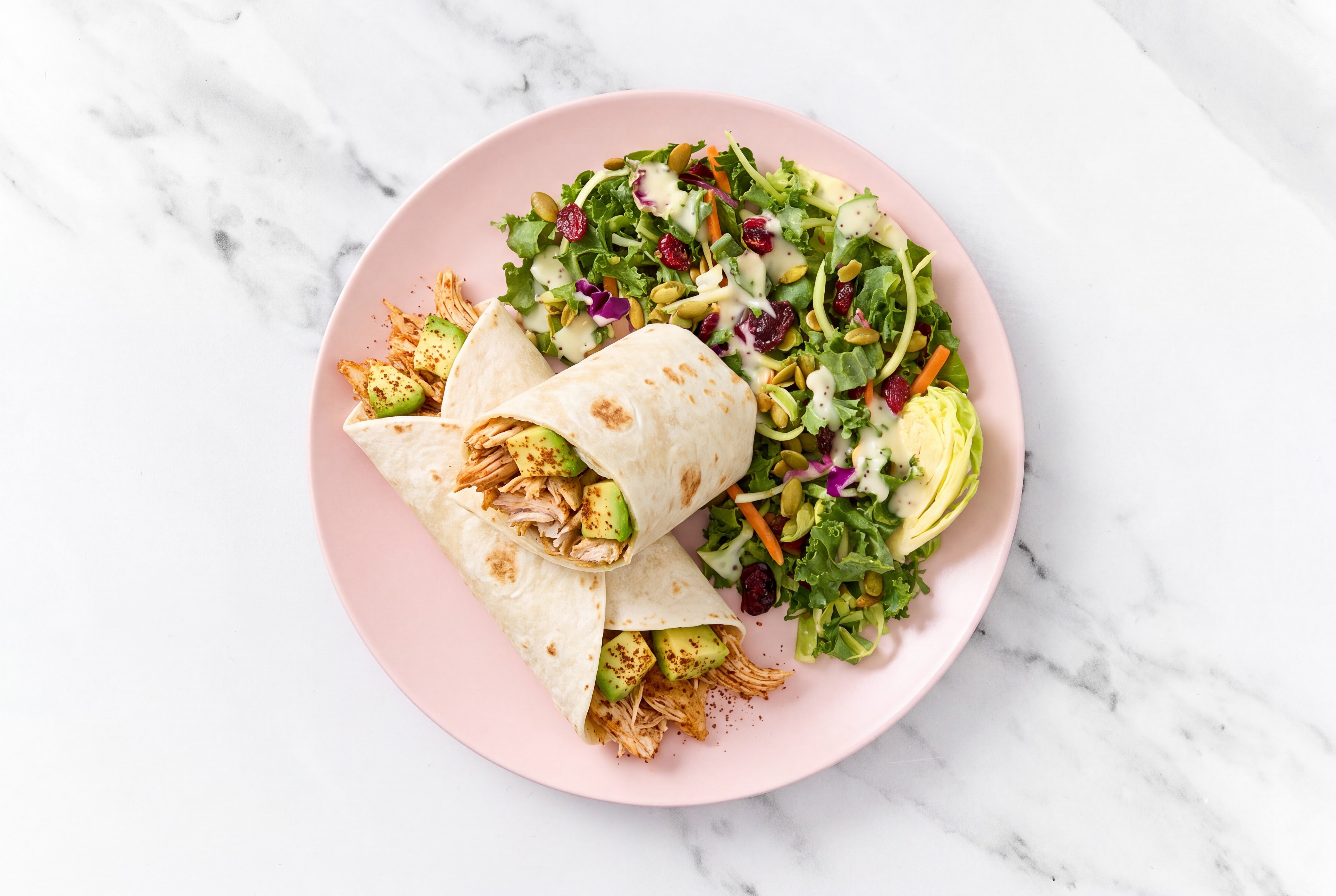 Pulled Chicken + Avocado Wrap with Chopped Kale Salad