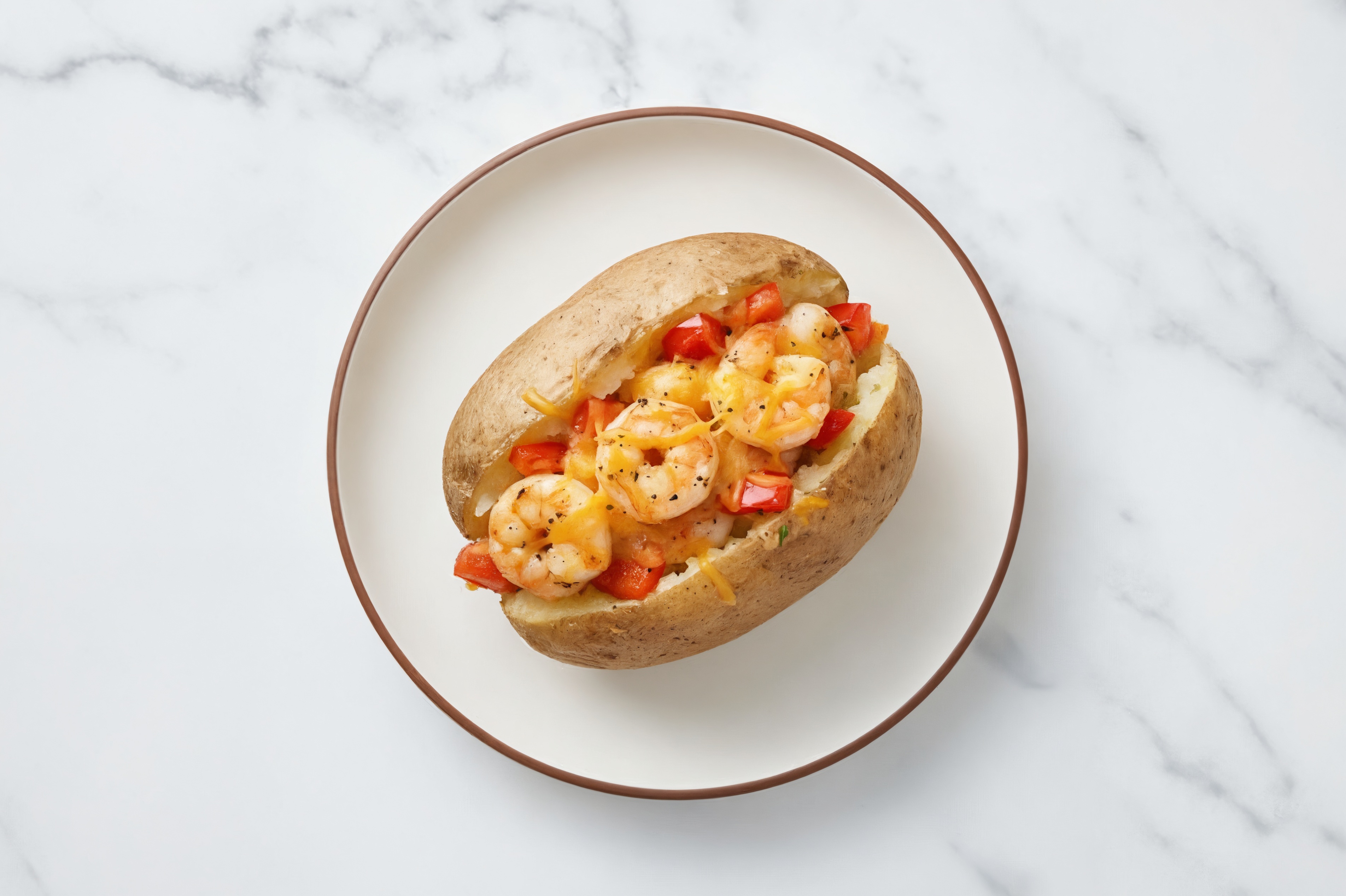 Shrimp + Organic Pepper Loaded Baked Potato with Shredded Sharp Cheddar Cheese