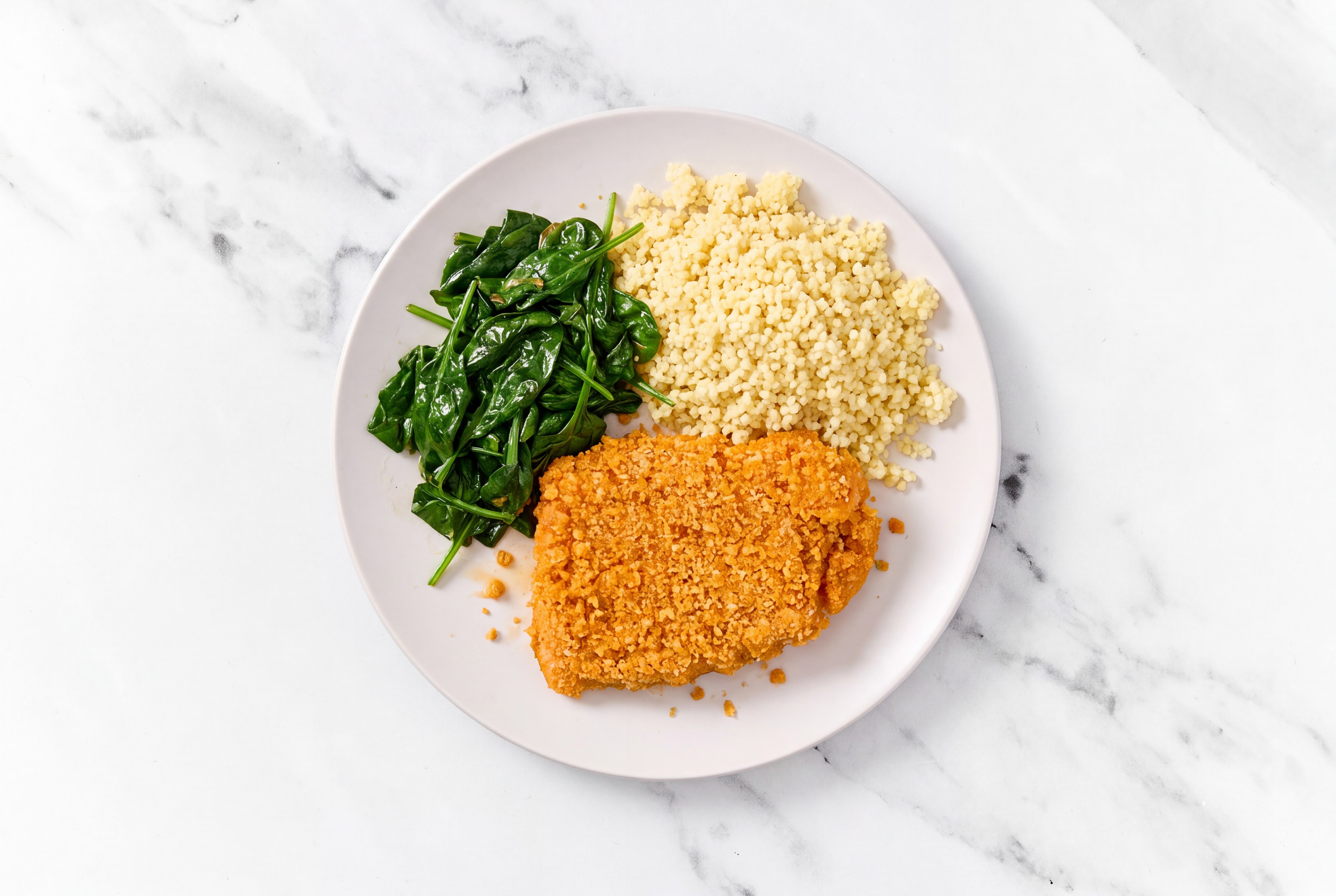 Hot Honey Breaded Chicken Cutlet with Baby Spinach & Couscous