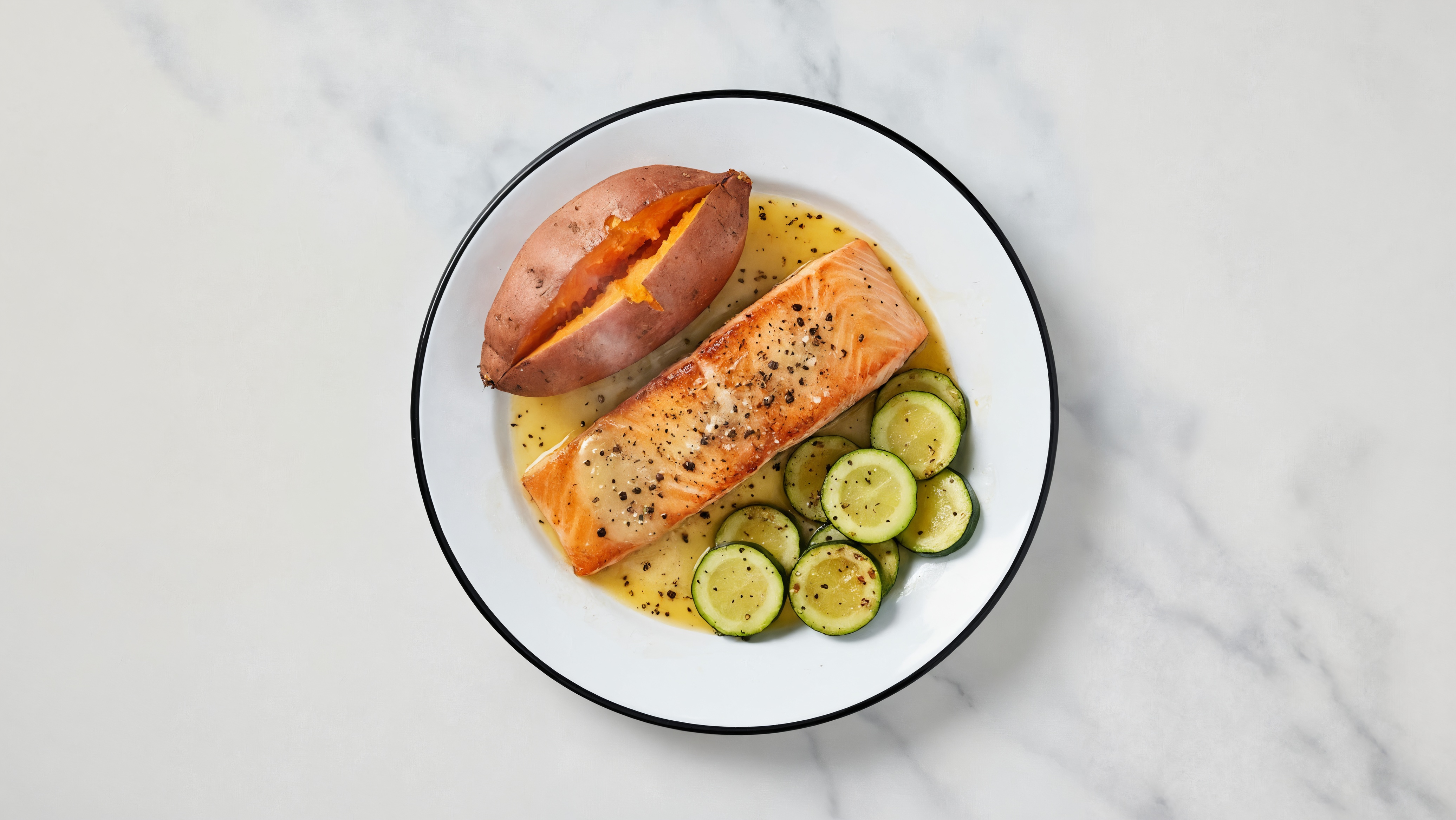 Lemon-Slow Churned & Peppercorn Pasture Butter Salmon with Sweet Potato & Zucchini