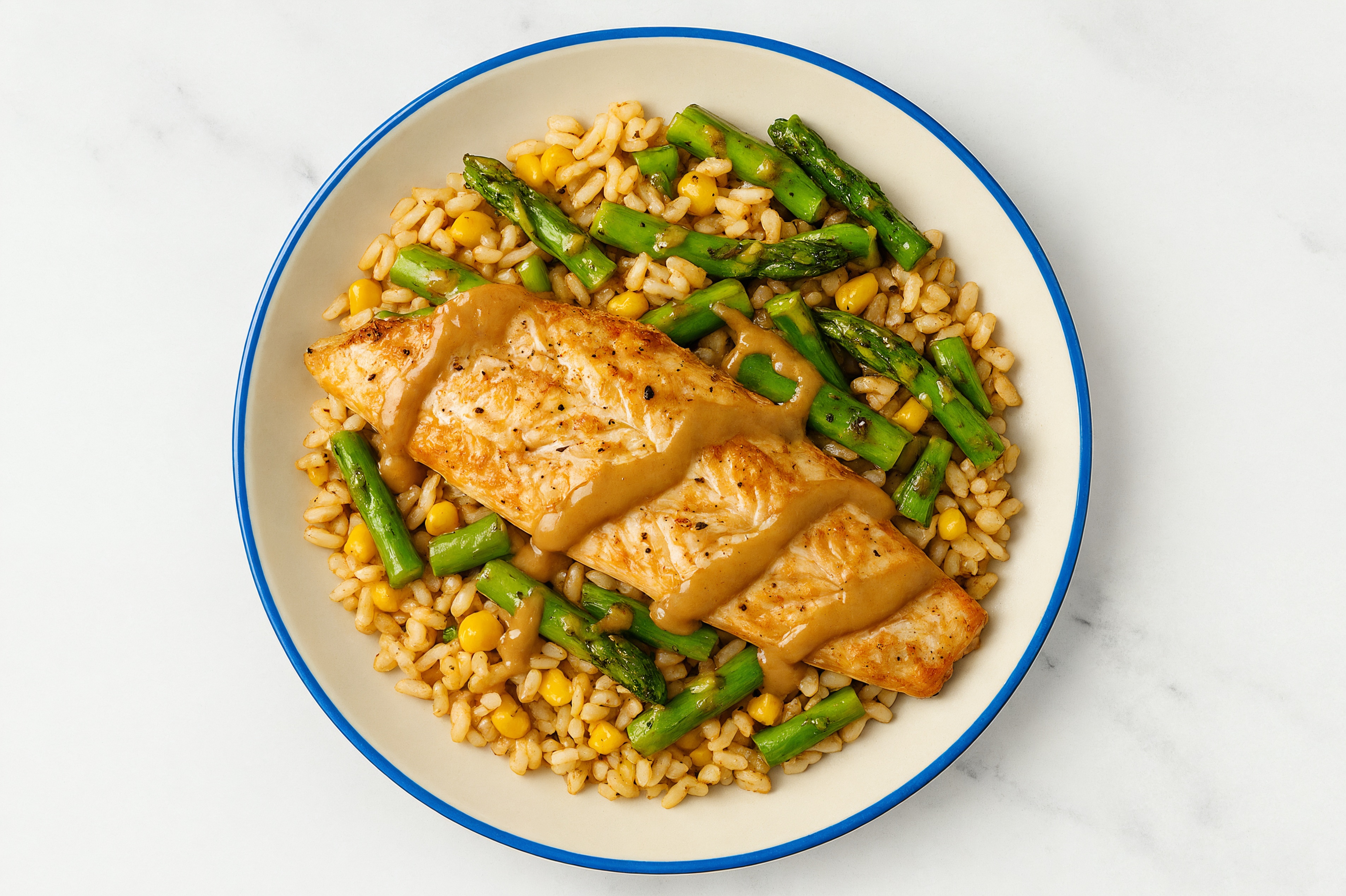 Thai Trout + Corn Rice Bowl with Baby Asparagus