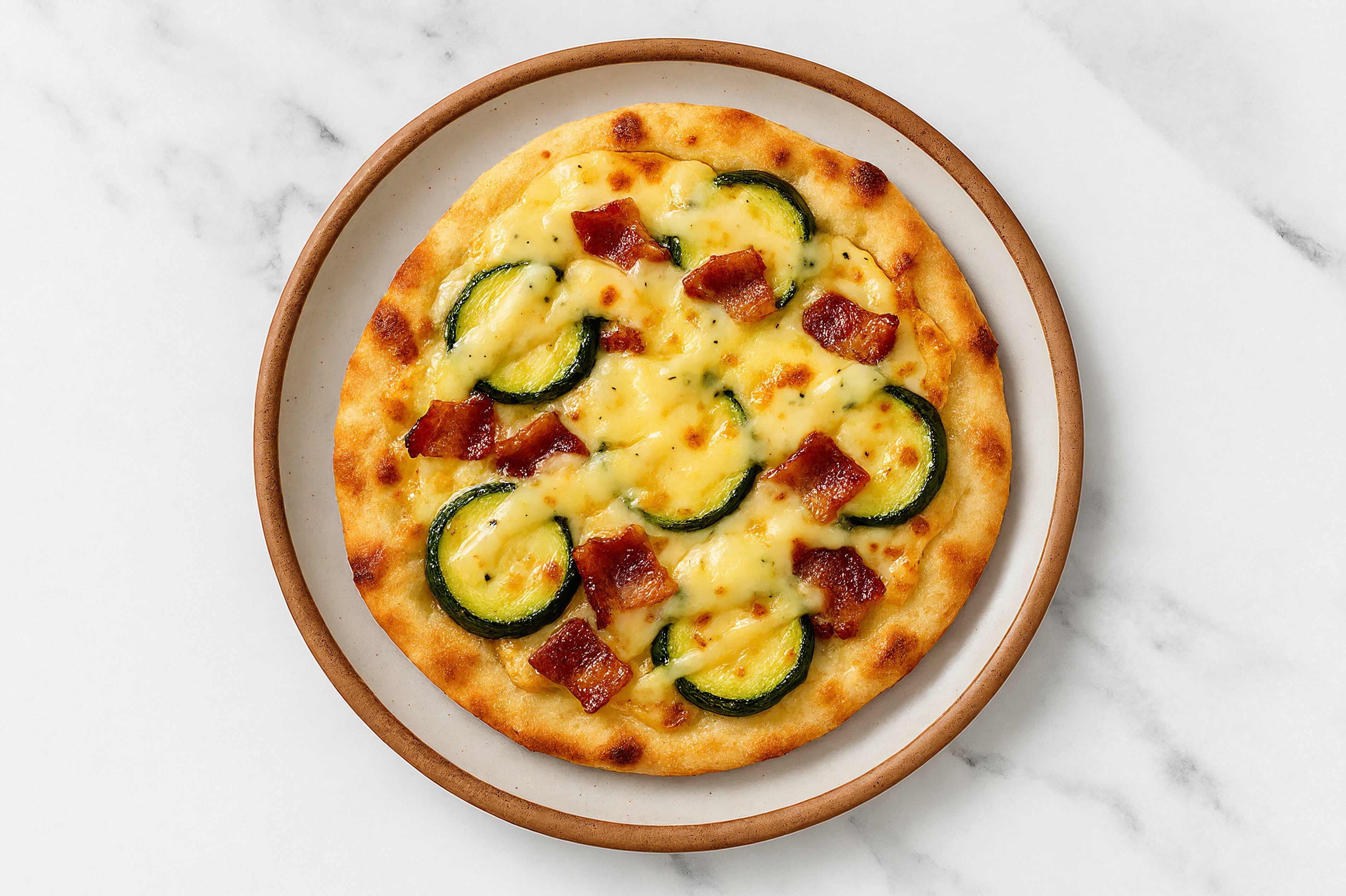Artisanal Applewood Smoked Pork Bacon + Zucchini Pizza