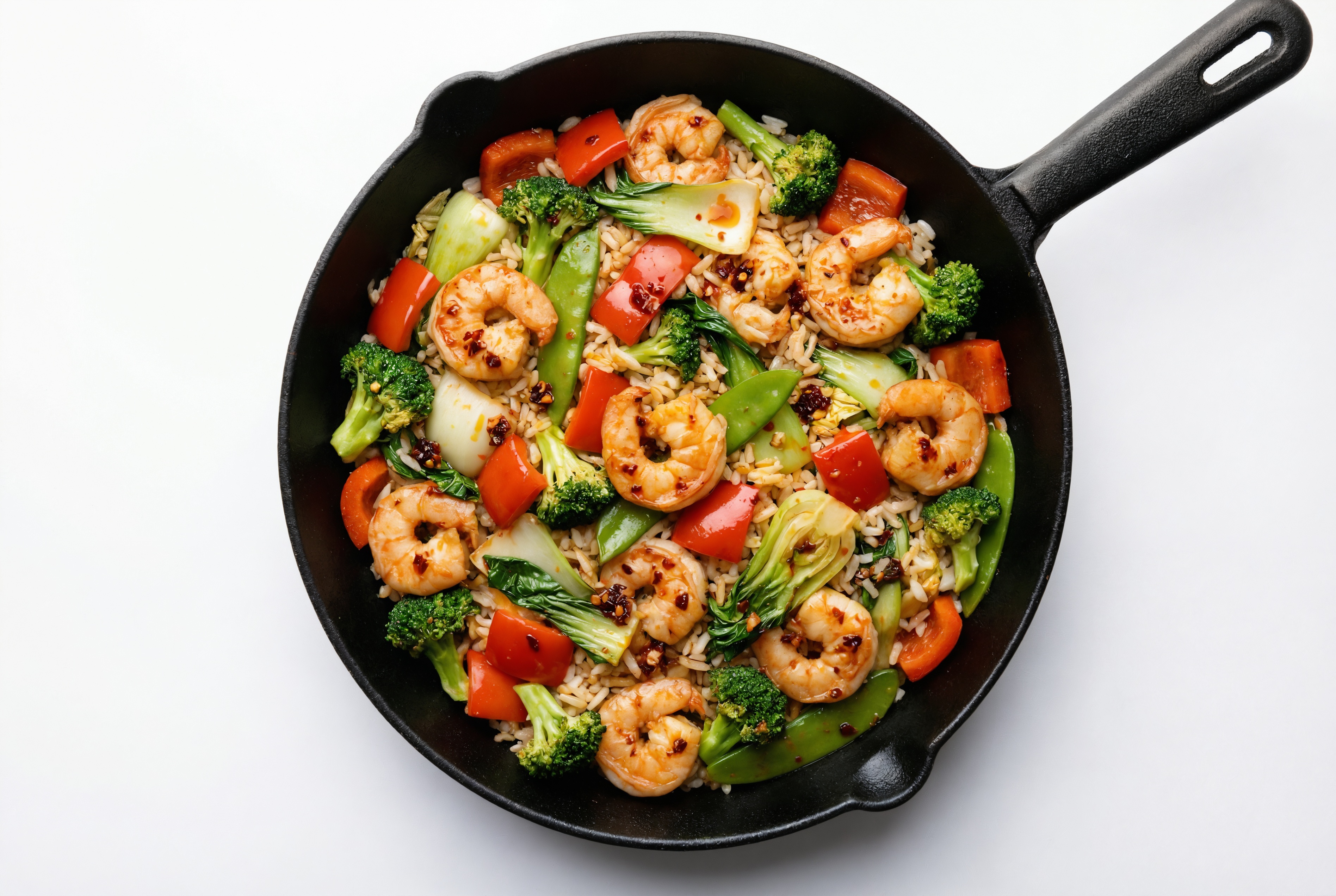 Chili Crisp Shrimp with Bok Choy Mix + Bell Pepper over Long Grain White Rice